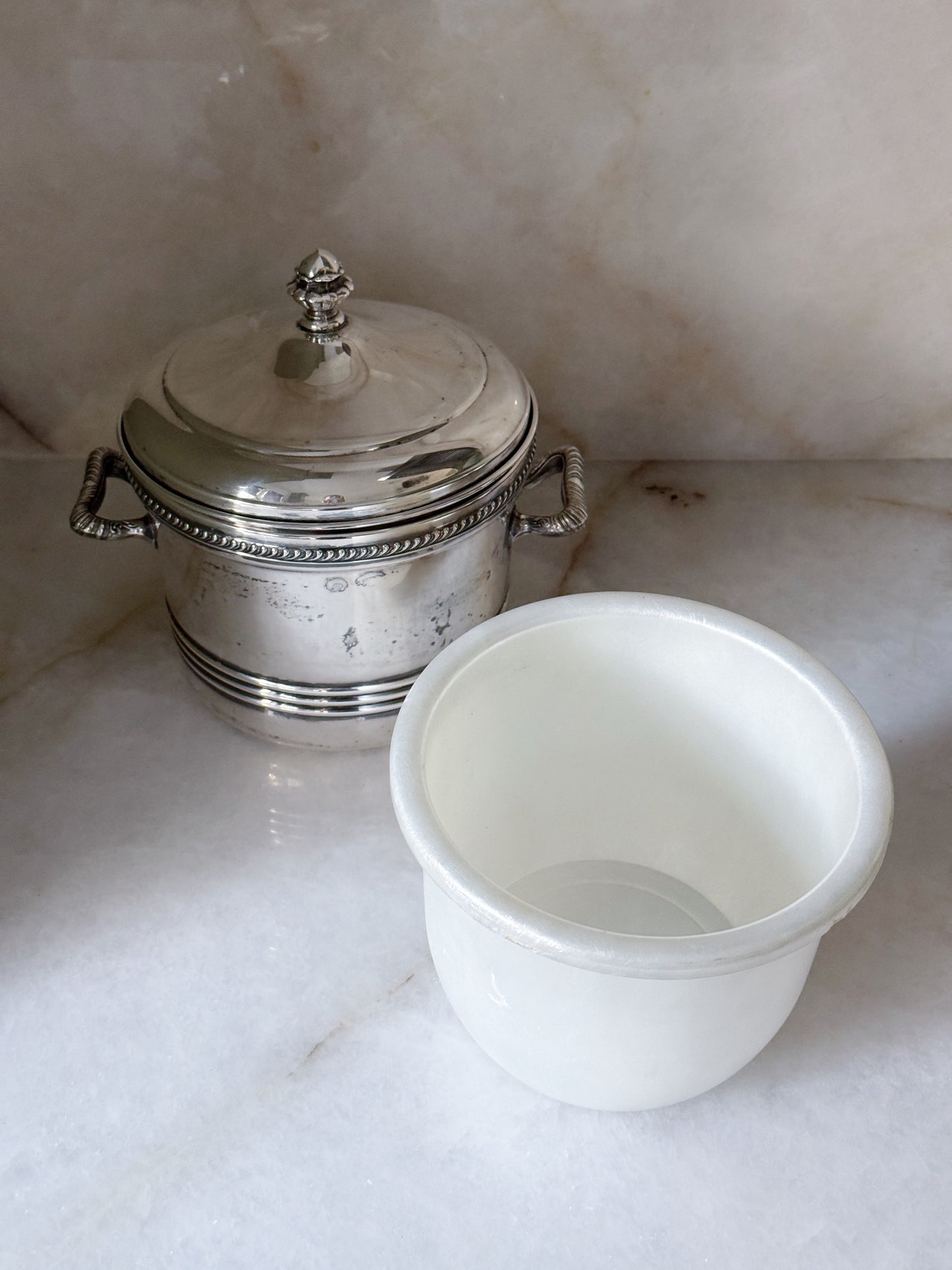 Vintage Silver Plate Ice Bucket with Removable White Liner