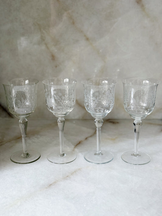 Set of Four Etched Floral Wine Goblets