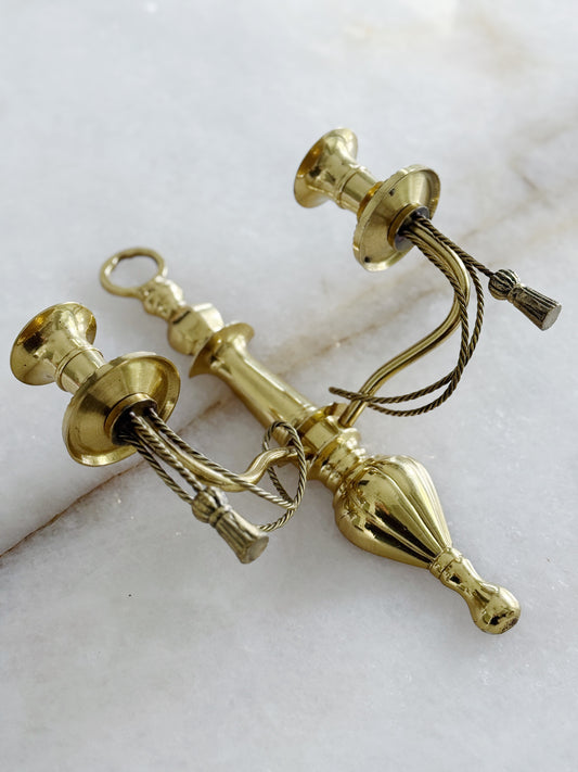 Vintage Brass Double Arm Candle Wall Sconce with Tassel Detail