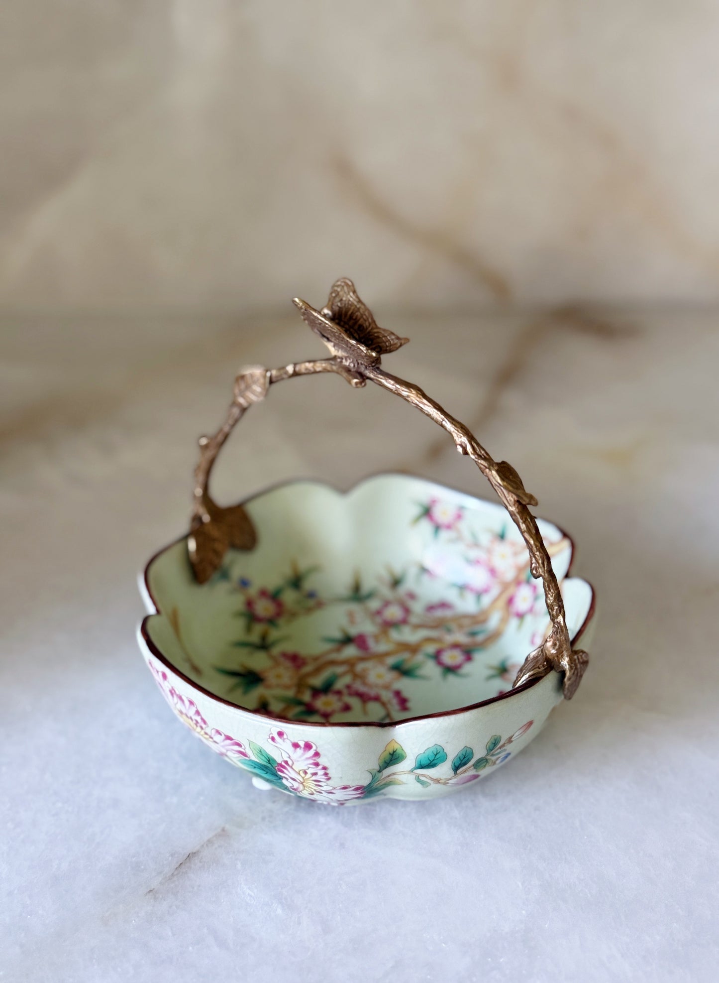 Chinoiserie Porcelain Floral Bowl with Bronze Ormolu Handle & Butterfly Detail