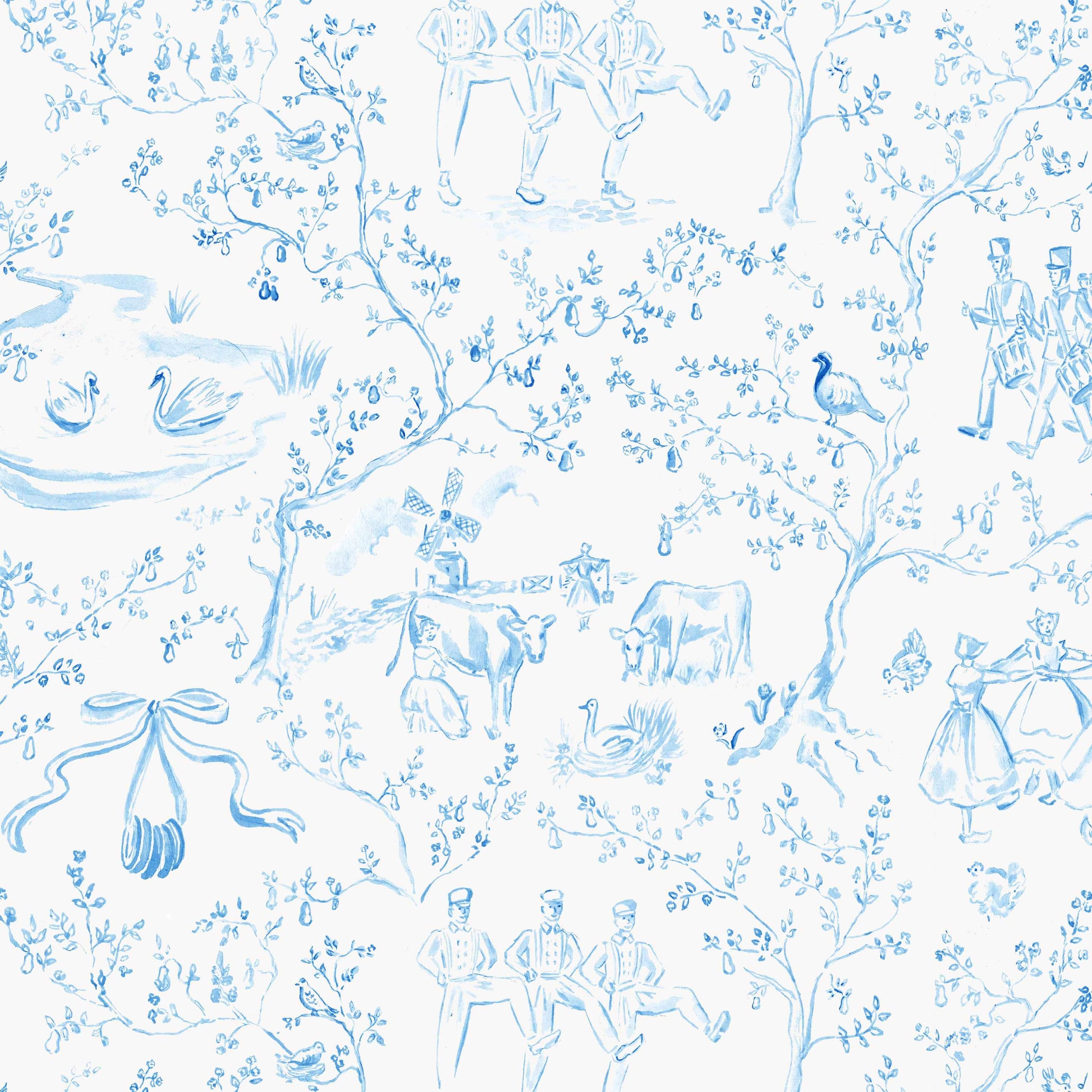 Blue & White Twelve Days of Christmas Toile Wrapping Paper