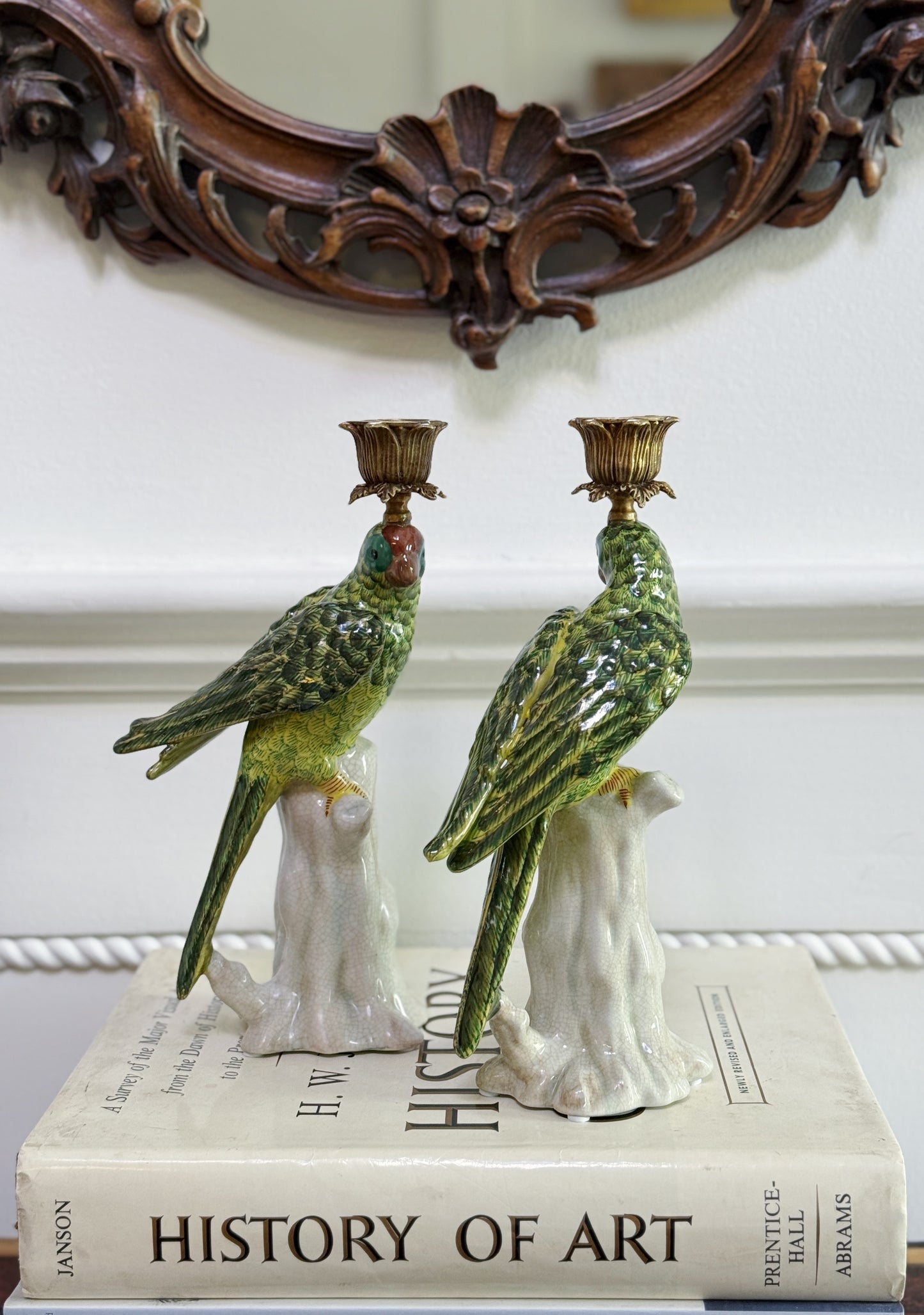 Pair of Green Hand Painted Parrot Candle Sticks