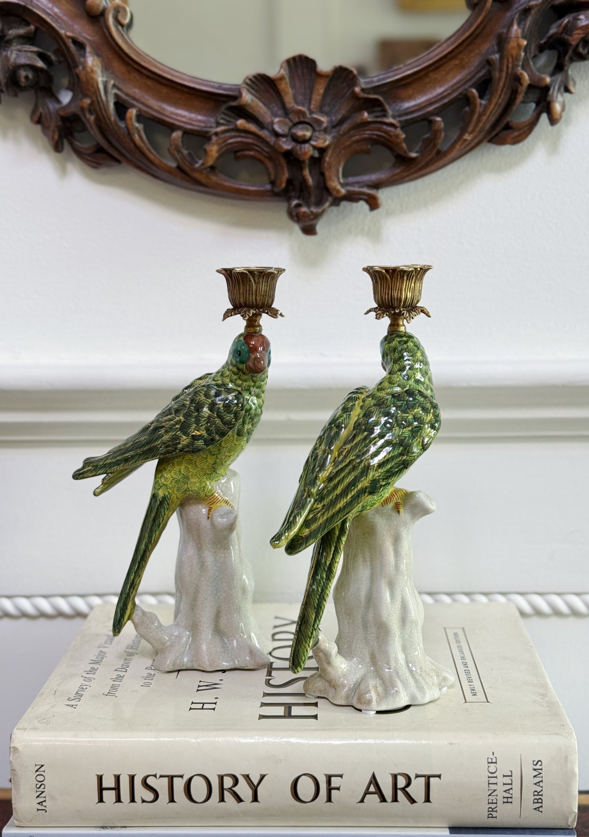 Pair of Green Hand Painted Parrot Candle Sticks