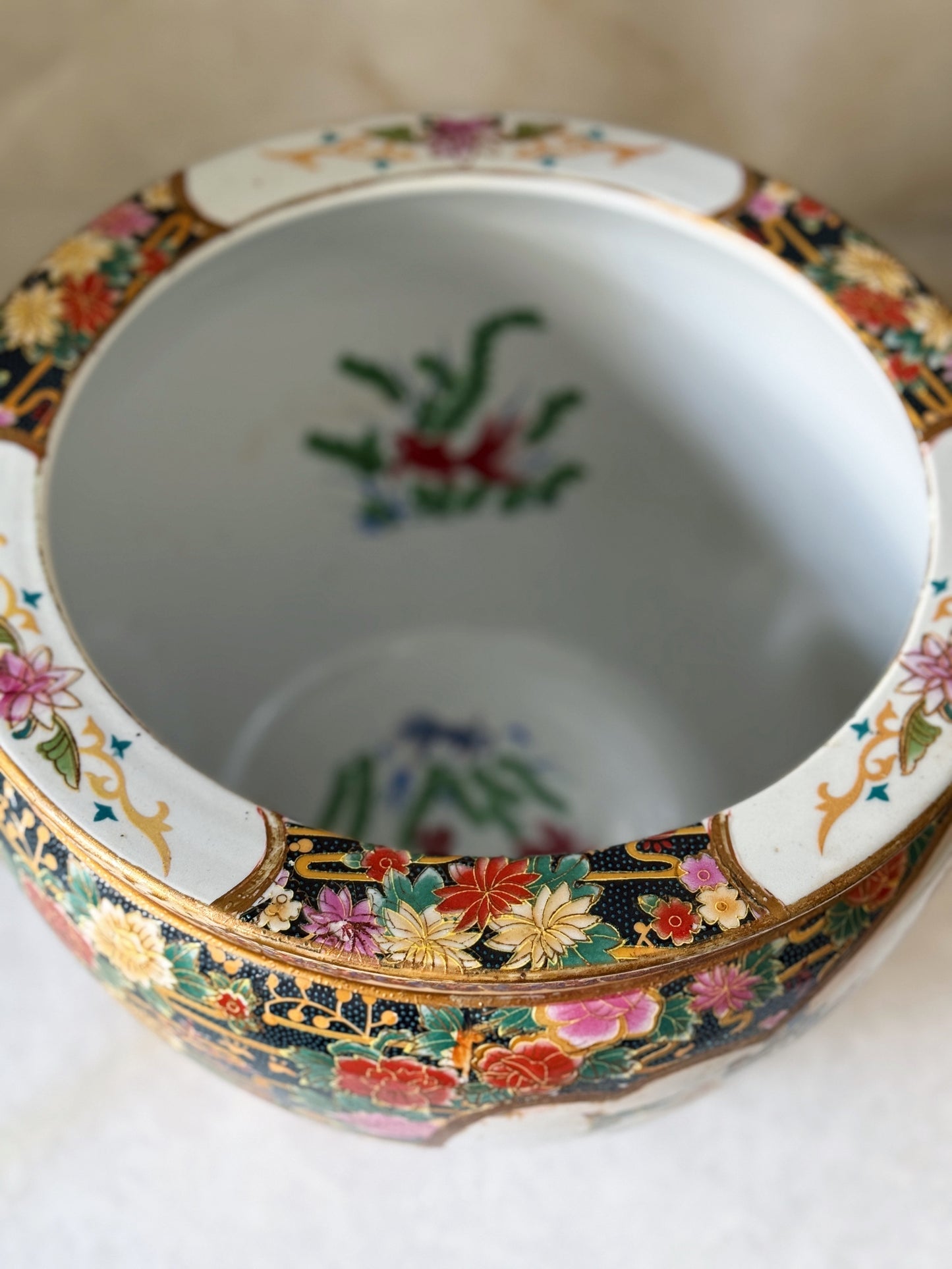 Vintage Hand Painted Peacock & Floral Porcelain Fishbowl
