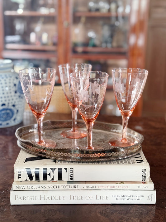 Vintage etched pink depression glasses 