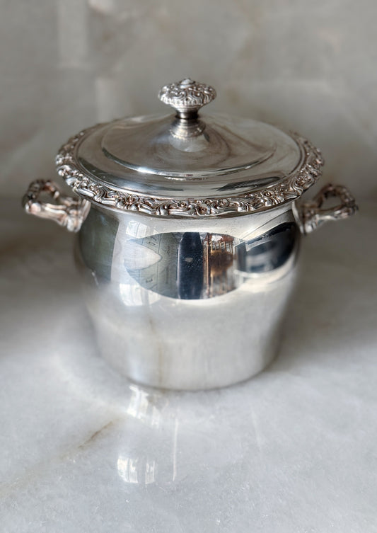 Ornate Vintage Silverplate Ice Bucket with Glass Insert