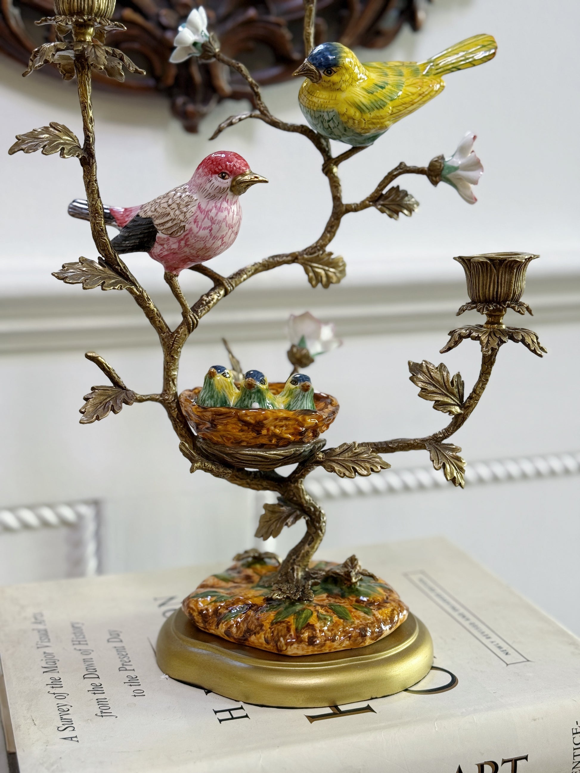 Hand Painted Bird Nest Candle Holder with Bronze Ormolu