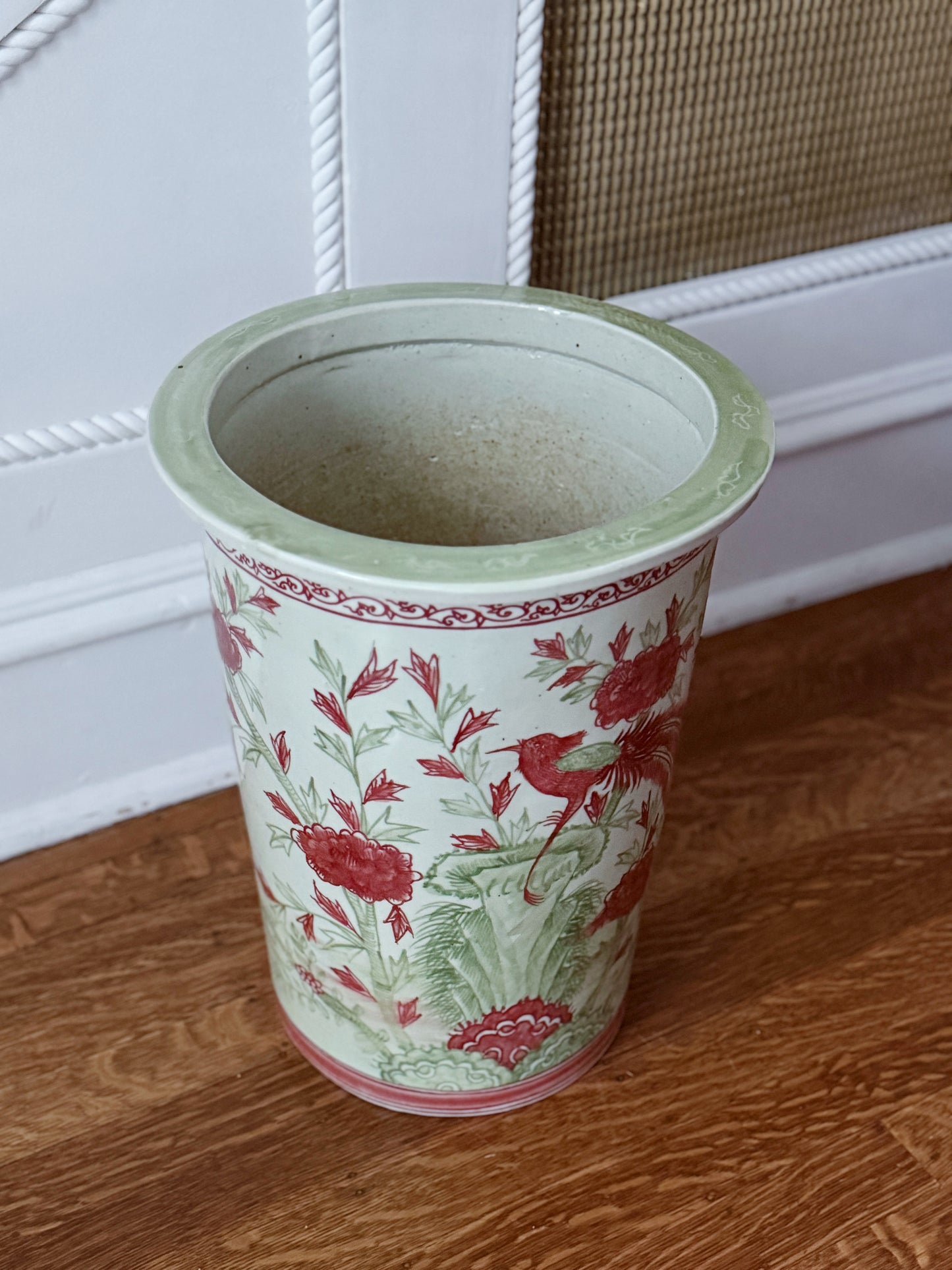 Coral & Green Chinoiserie Porcelain Umbrella Stand with Bird & Floral Motif