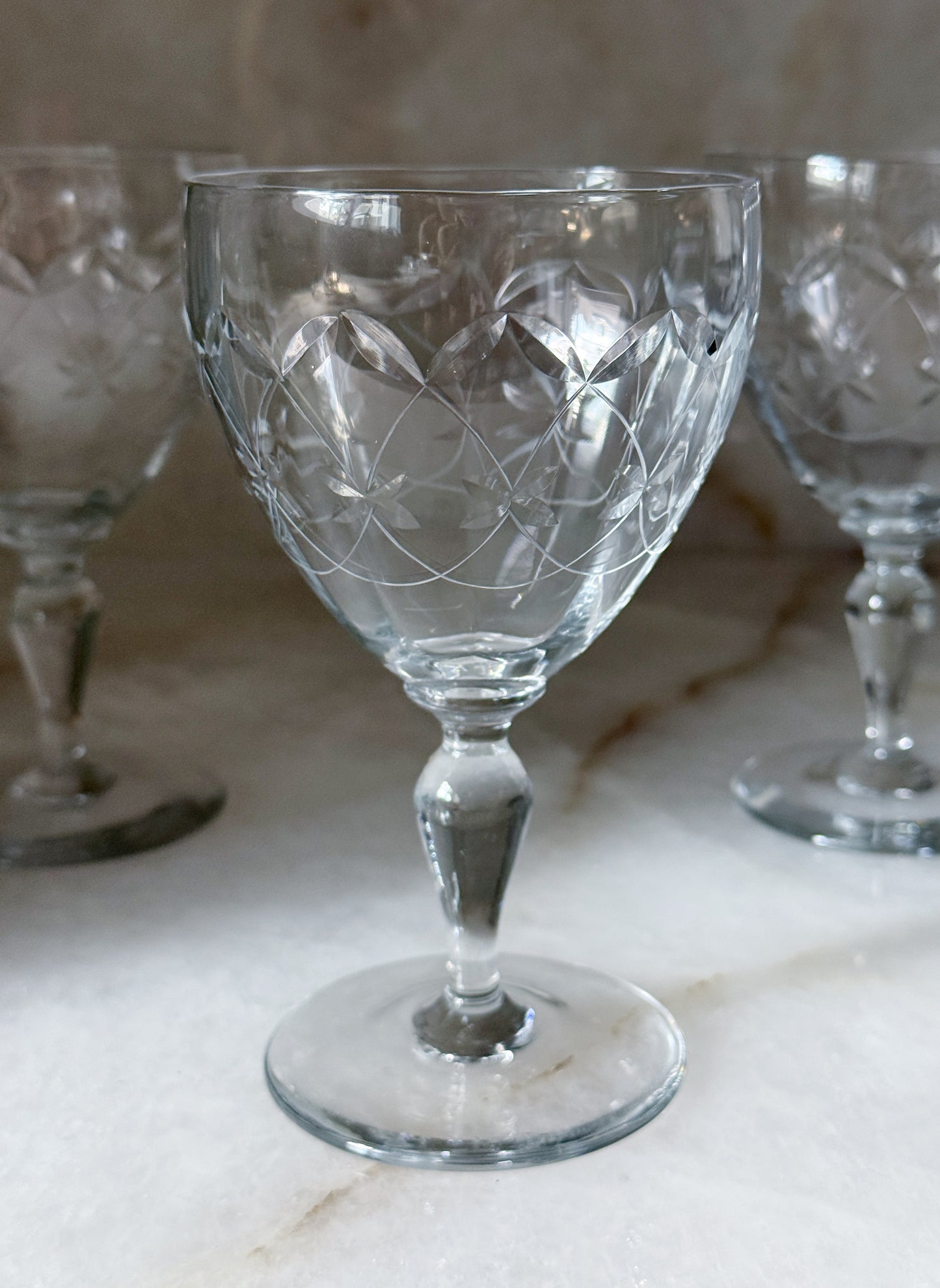 Vintage Etched Wine Goblets | Set of 4