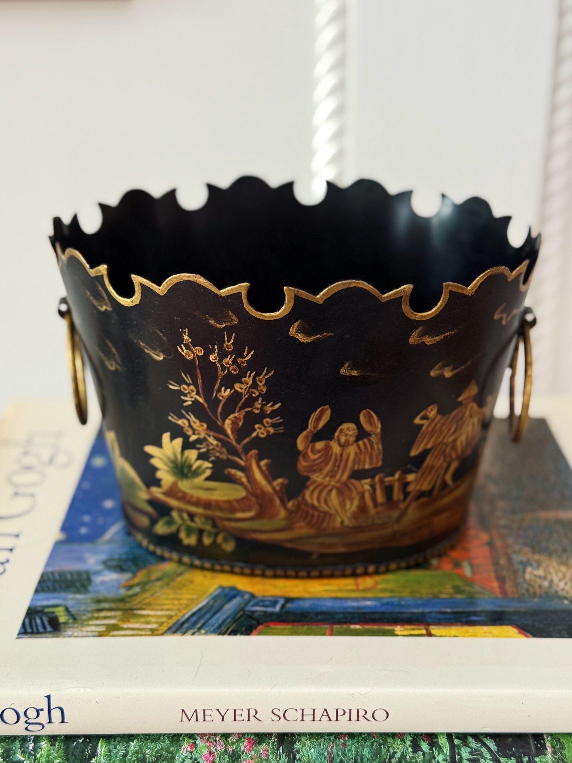 Vintage Hand-Painted Tole Planter Cachepot with Chinoiserie Scene & Scalloped Rim