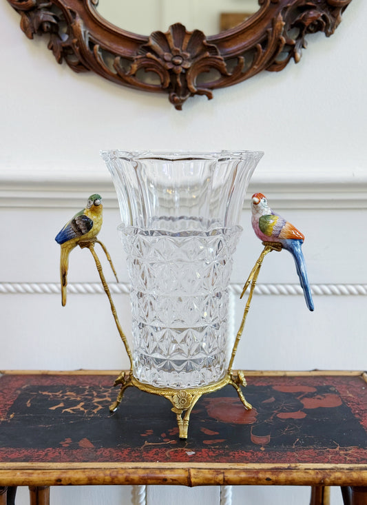 Crystal Vase with Bronze Ormolu Mount and Hand-Painted Porcelain Bird Handles
