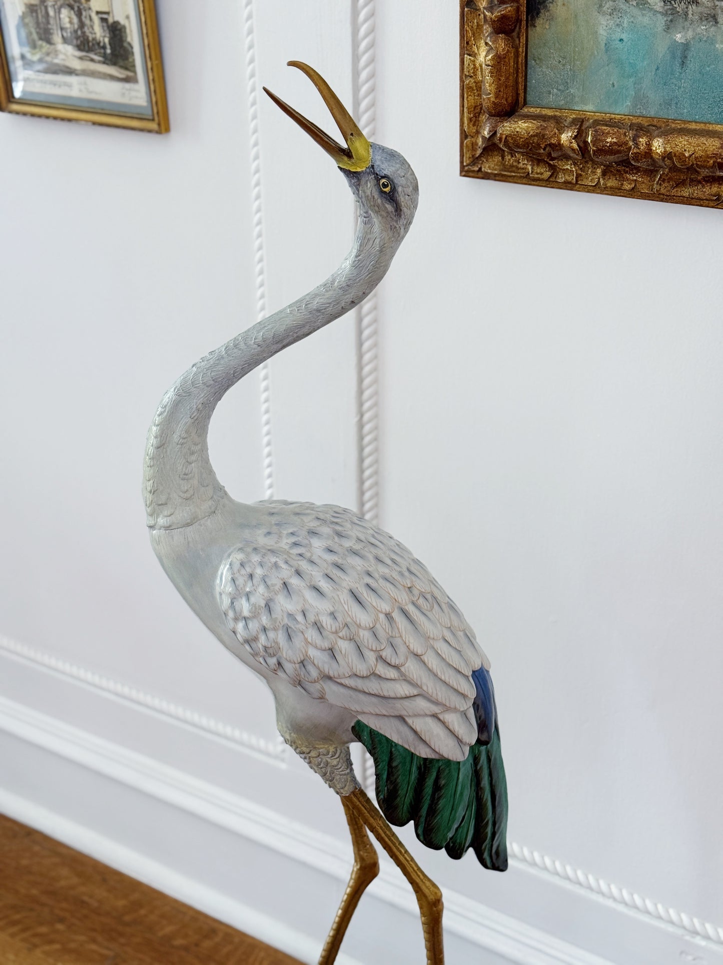 Tall Hand-Painted Porcelain Crane with Bronze Ormolu Base