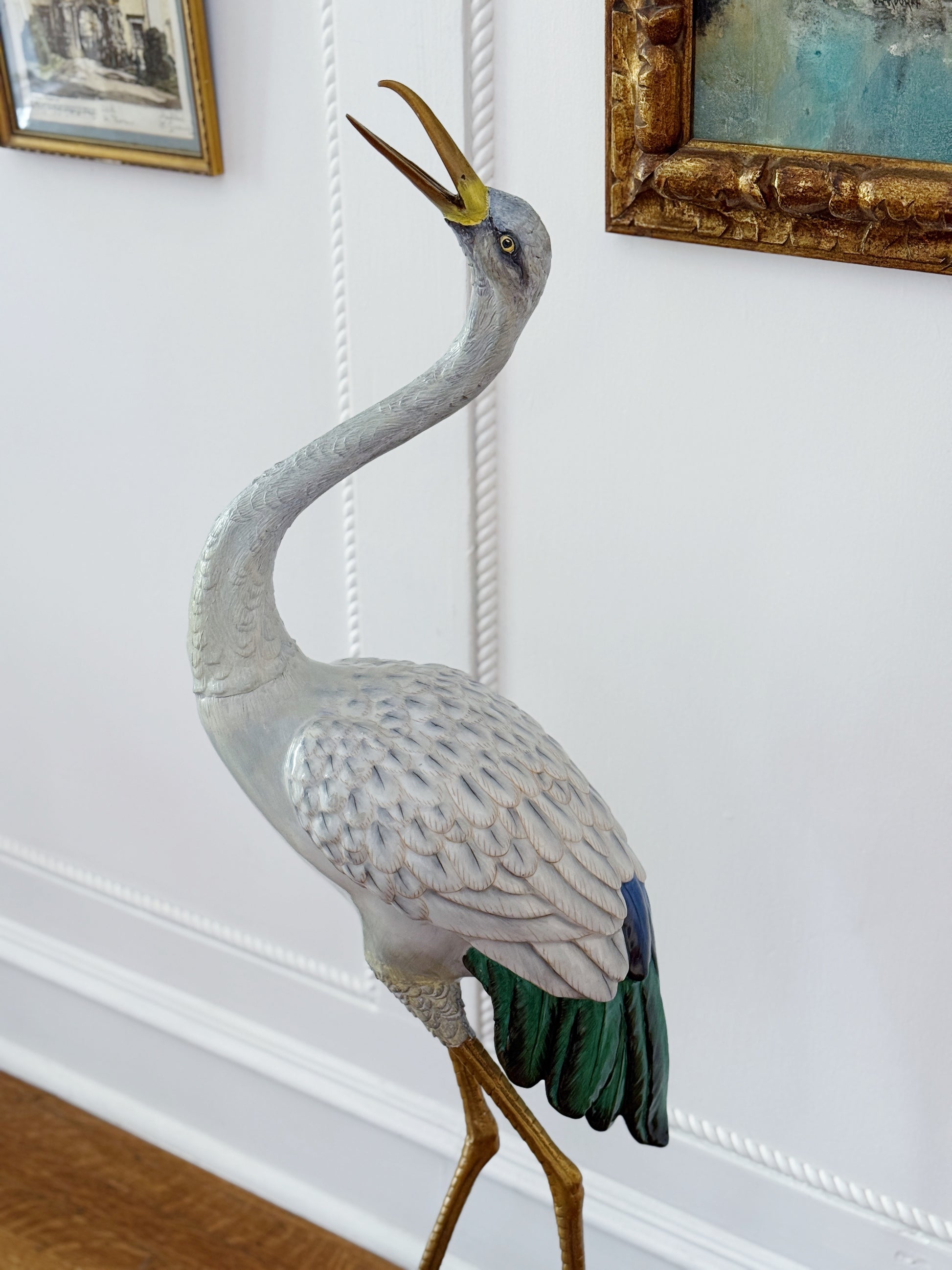Tall Hand-Painted Porcelain Crane with Bronze Ormolu Base
