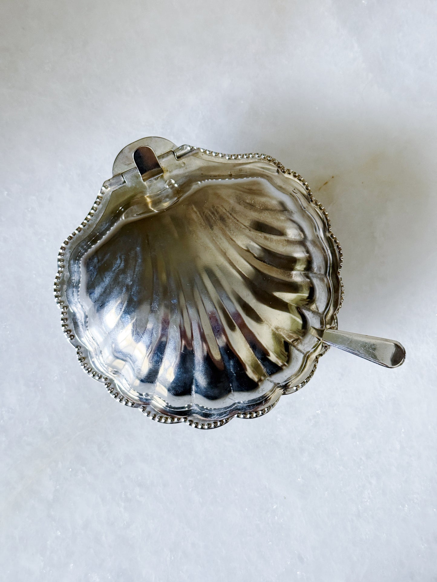 Vintage Silver Shell Caviar Dish with Milk Glass Liner