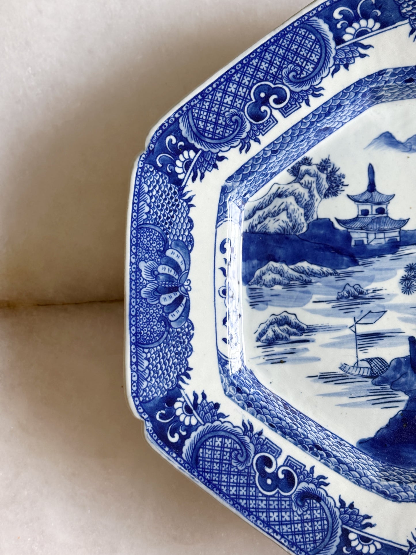 Large Octagonal Blue & White Willow Ware Style Platter