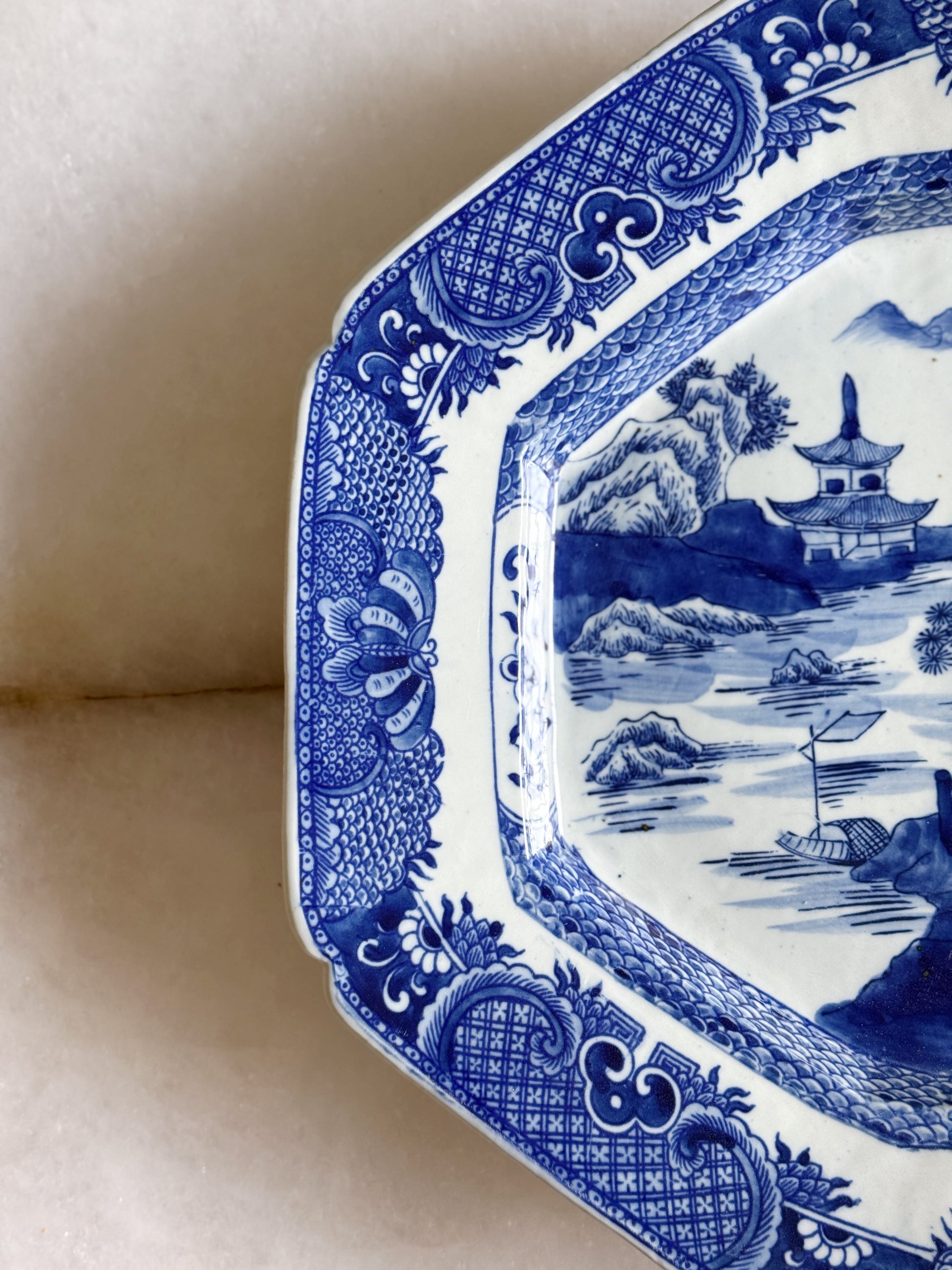 Large Octagonal Blue & White Willow Ware Style Platter
