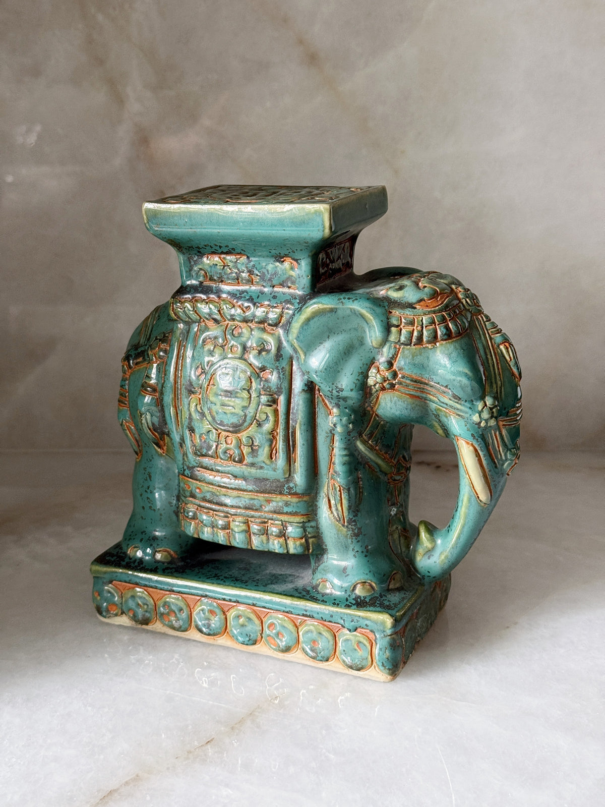Vintage Olive Green Ceramic Elephant Plant Stand