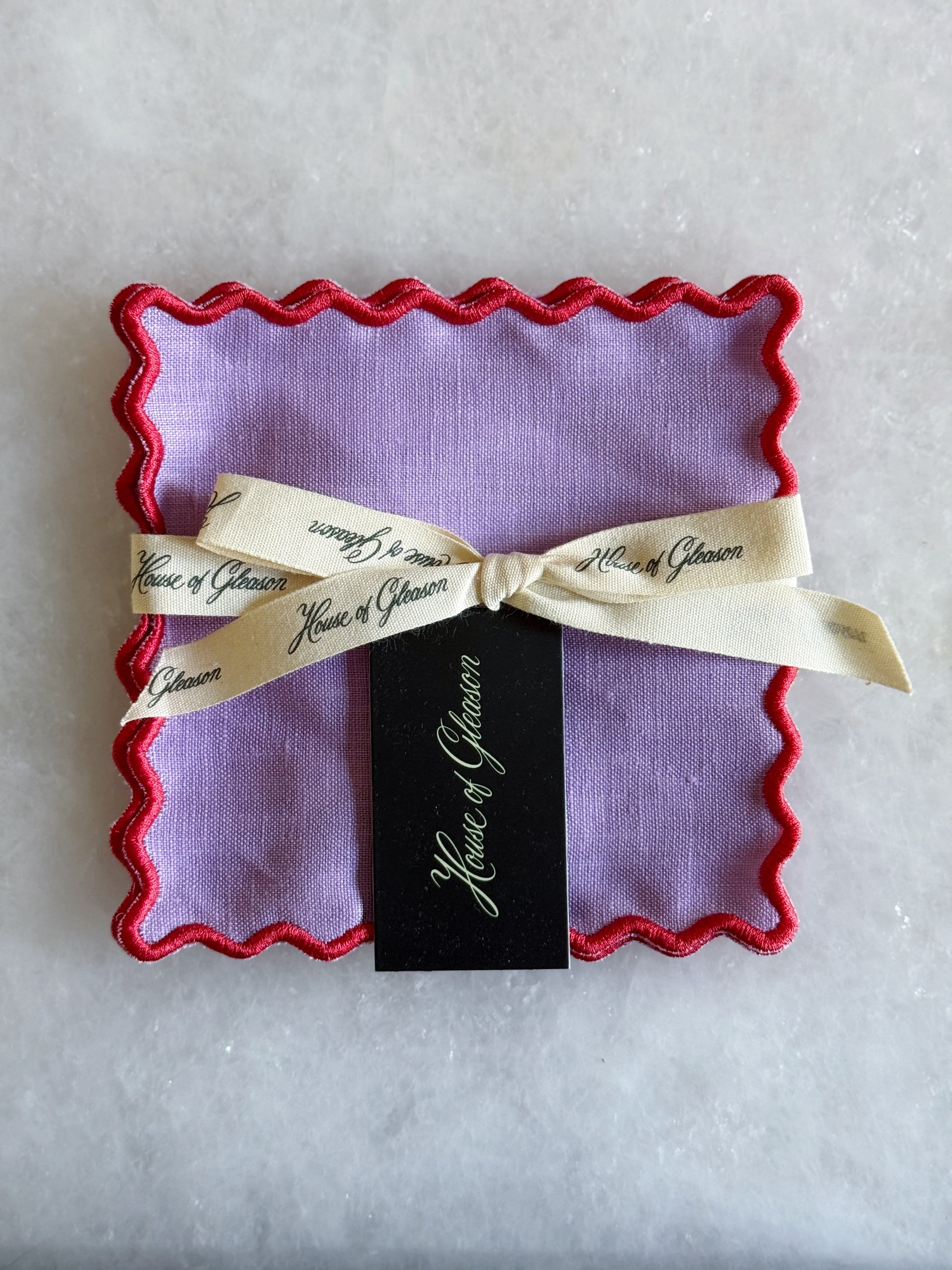 Linen Embroidered Cocktail Napkin - Lilac/Red