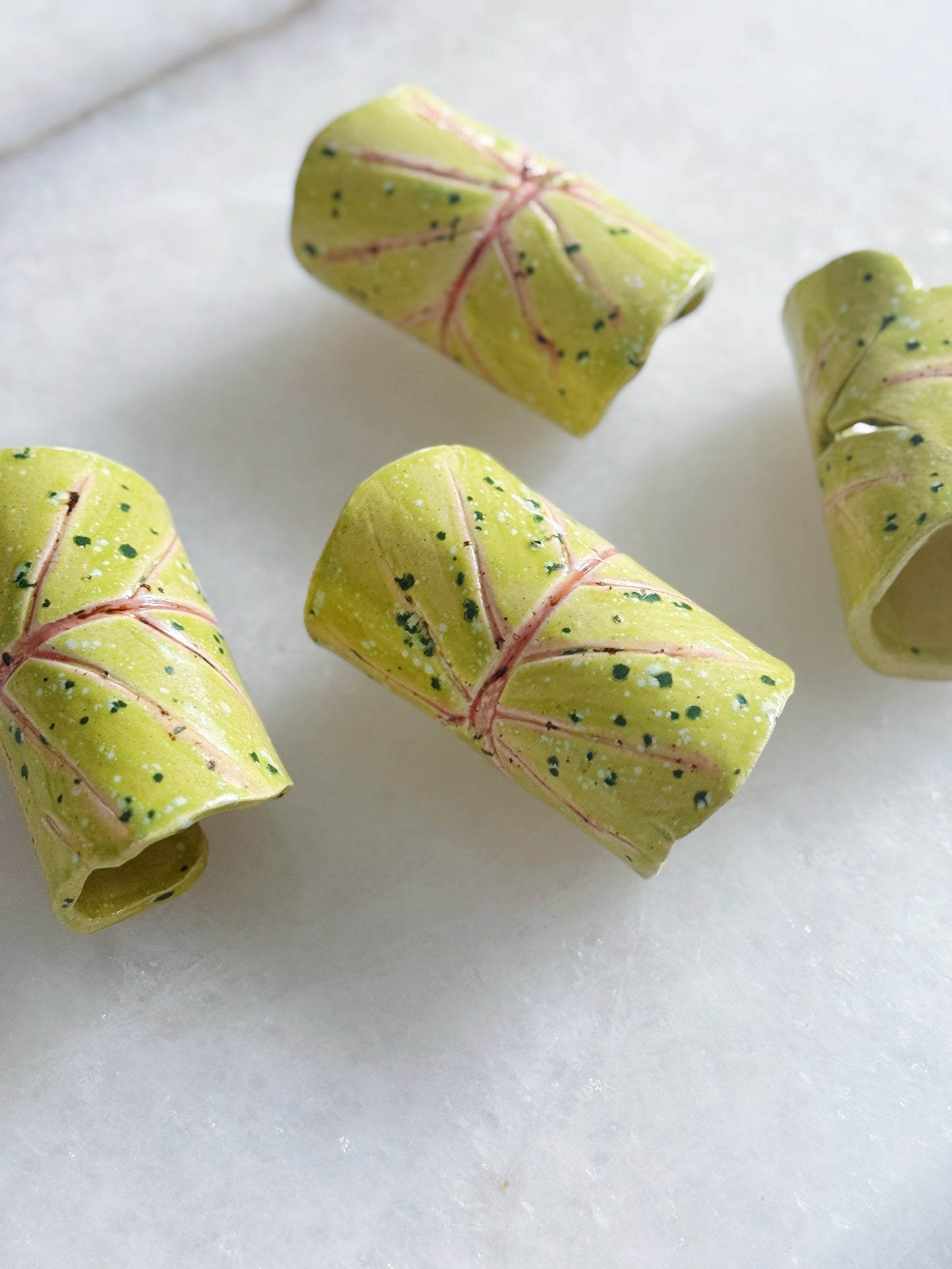 Caladium leaf ceramic napkin rings hand painted 
