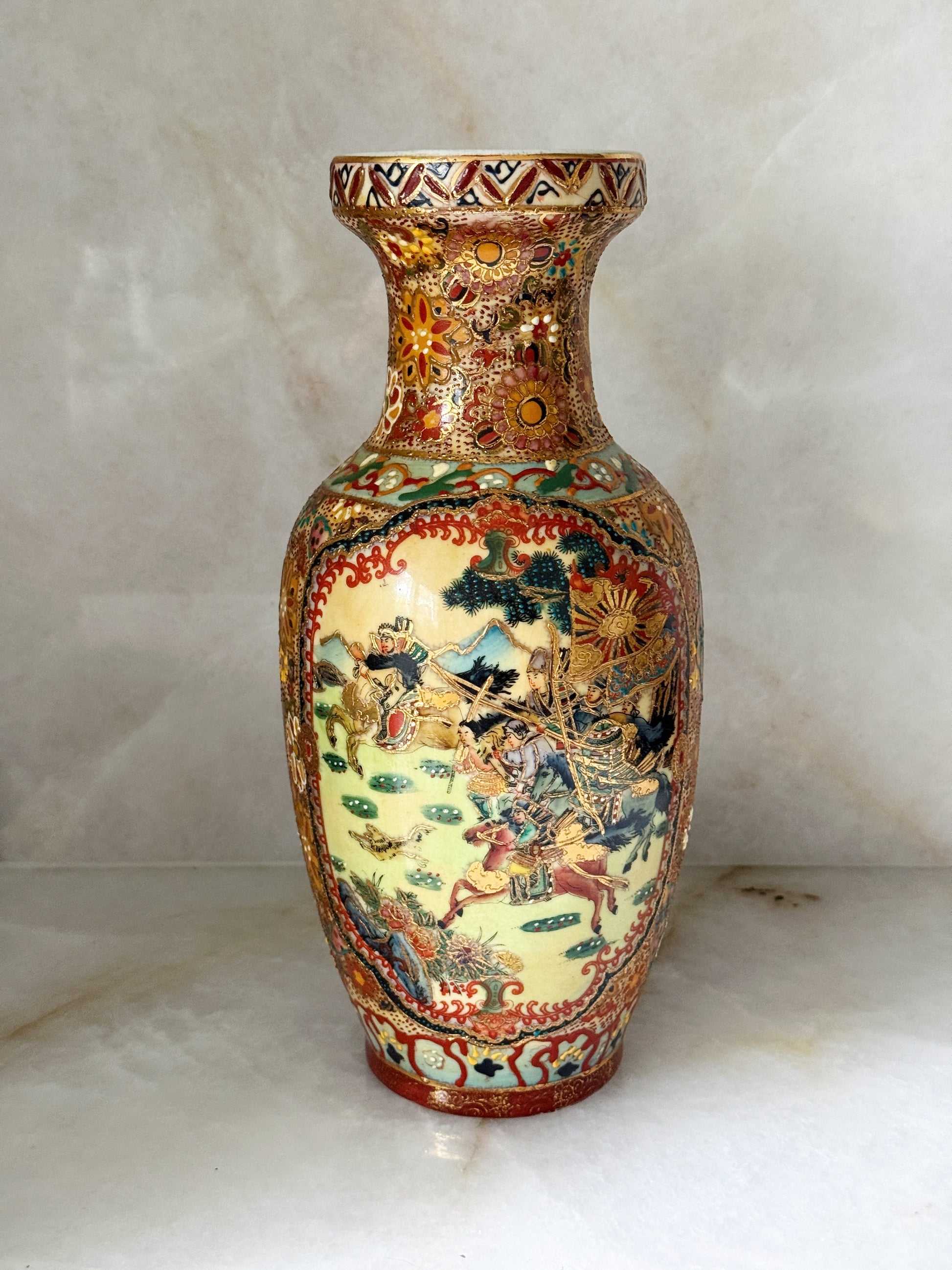Vintage Satsuma Style Textured Chinoiserie Vase with Figural Scene