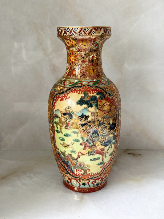 Vintage Satsuma Style Textured Chinoiserie Vase with Figural Scene