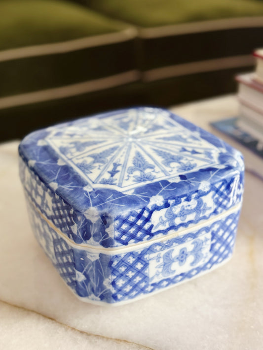 Vintage Blue & White Porcelain Covered Box