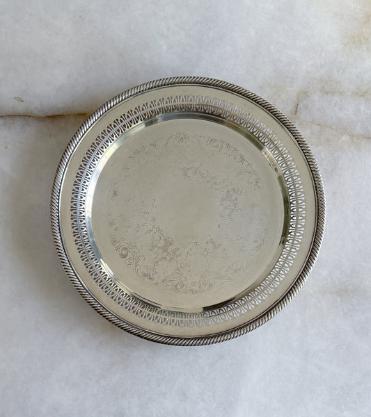 Vintage Round Silver Serving Tray with Reticulated Rope Edge Detail