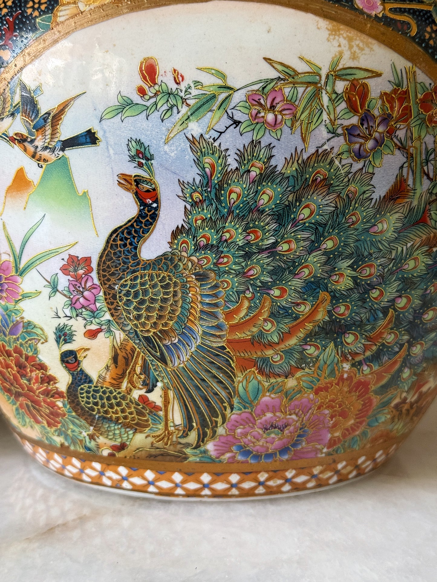 Vintage Hand Painted Peacock & Floral Porcelain Fishbowl