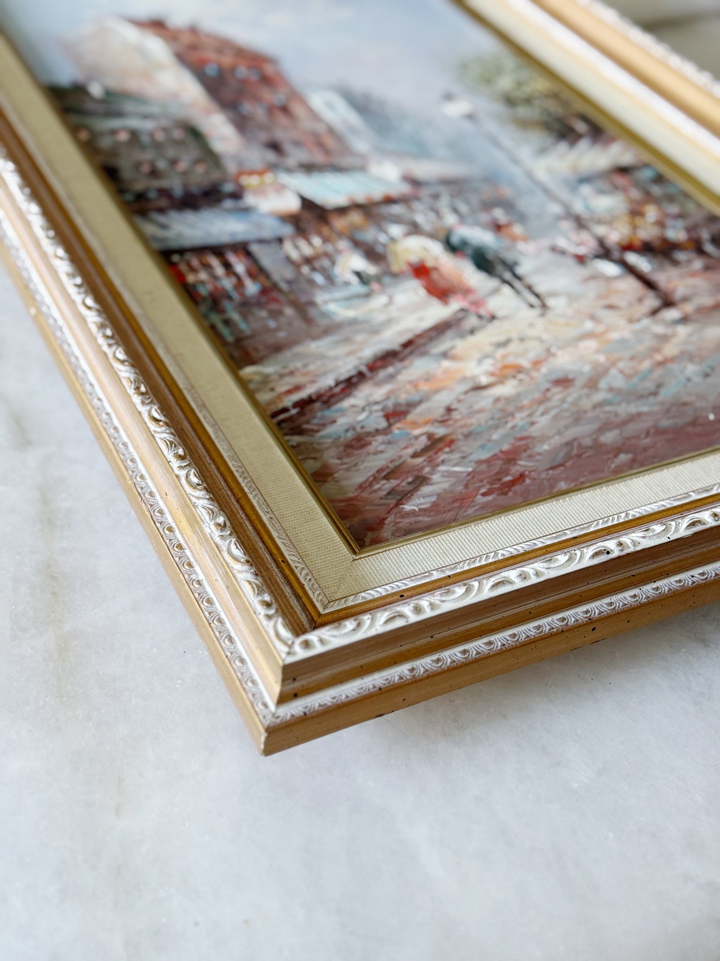 Vintage French Street Scene Framed Oil Painting
