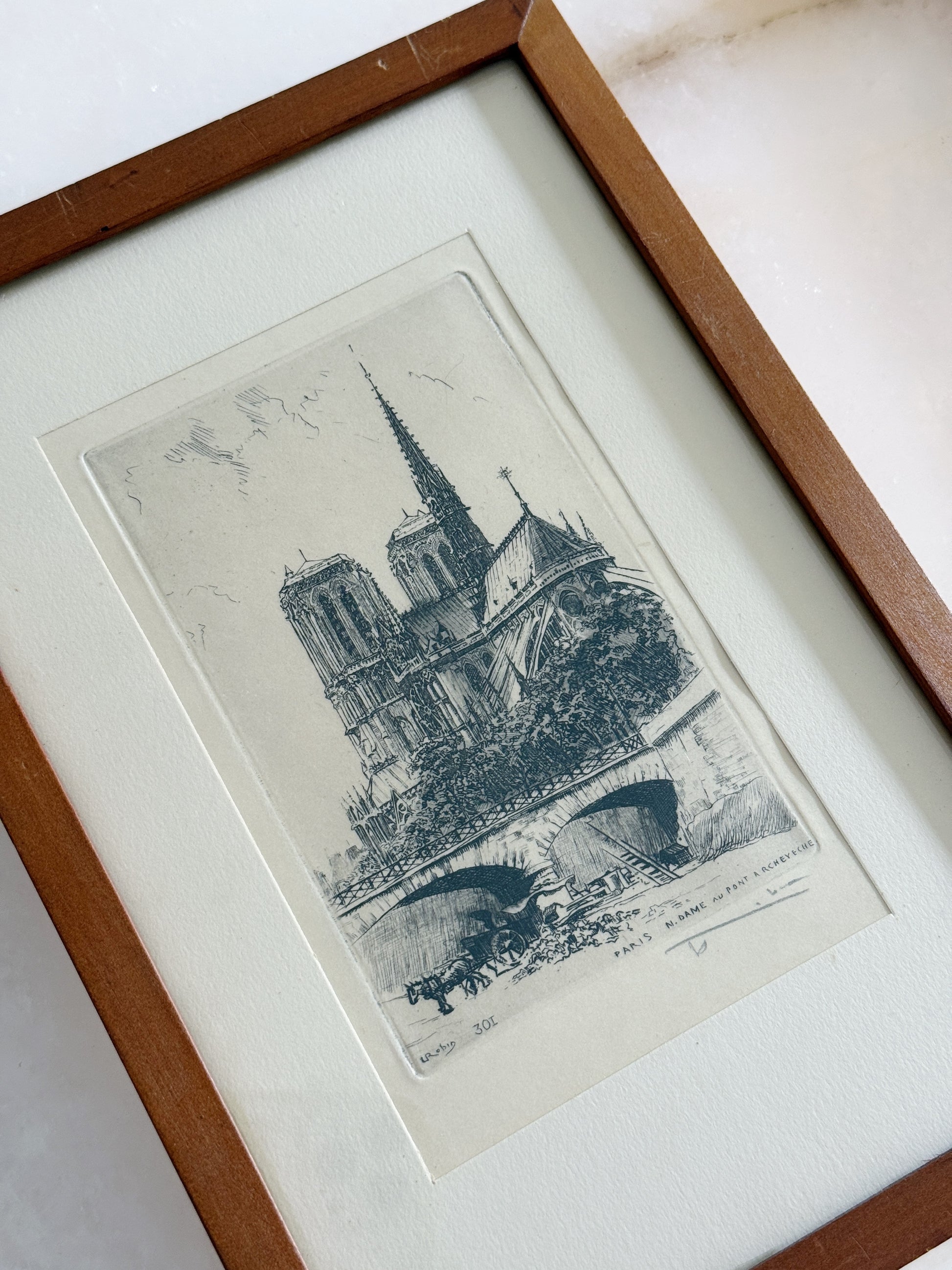 Pair of Vintage Paris Architectural Etchings in Wood Frames