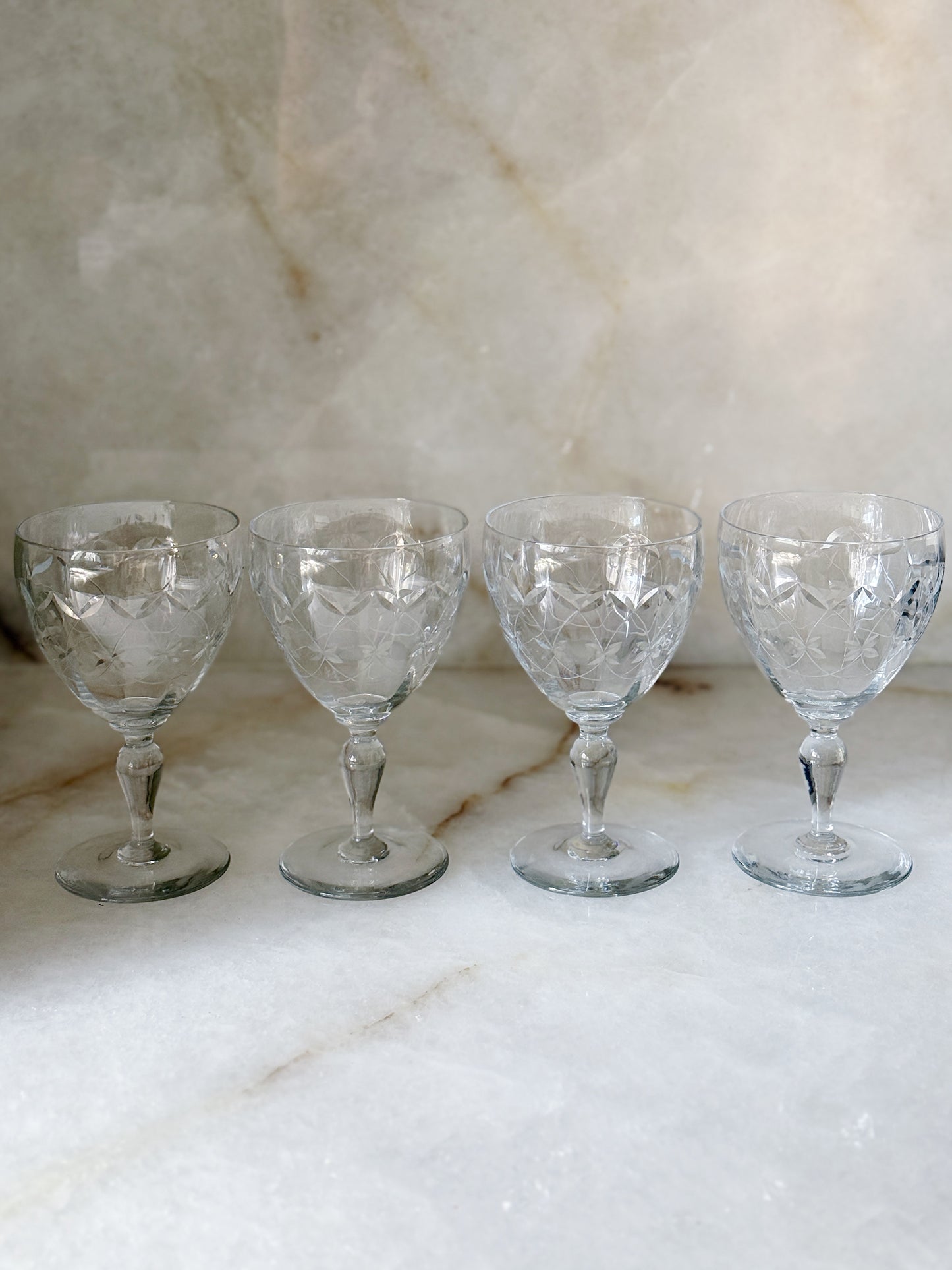 Vintage Etched Wine Goblets | Set of 4
