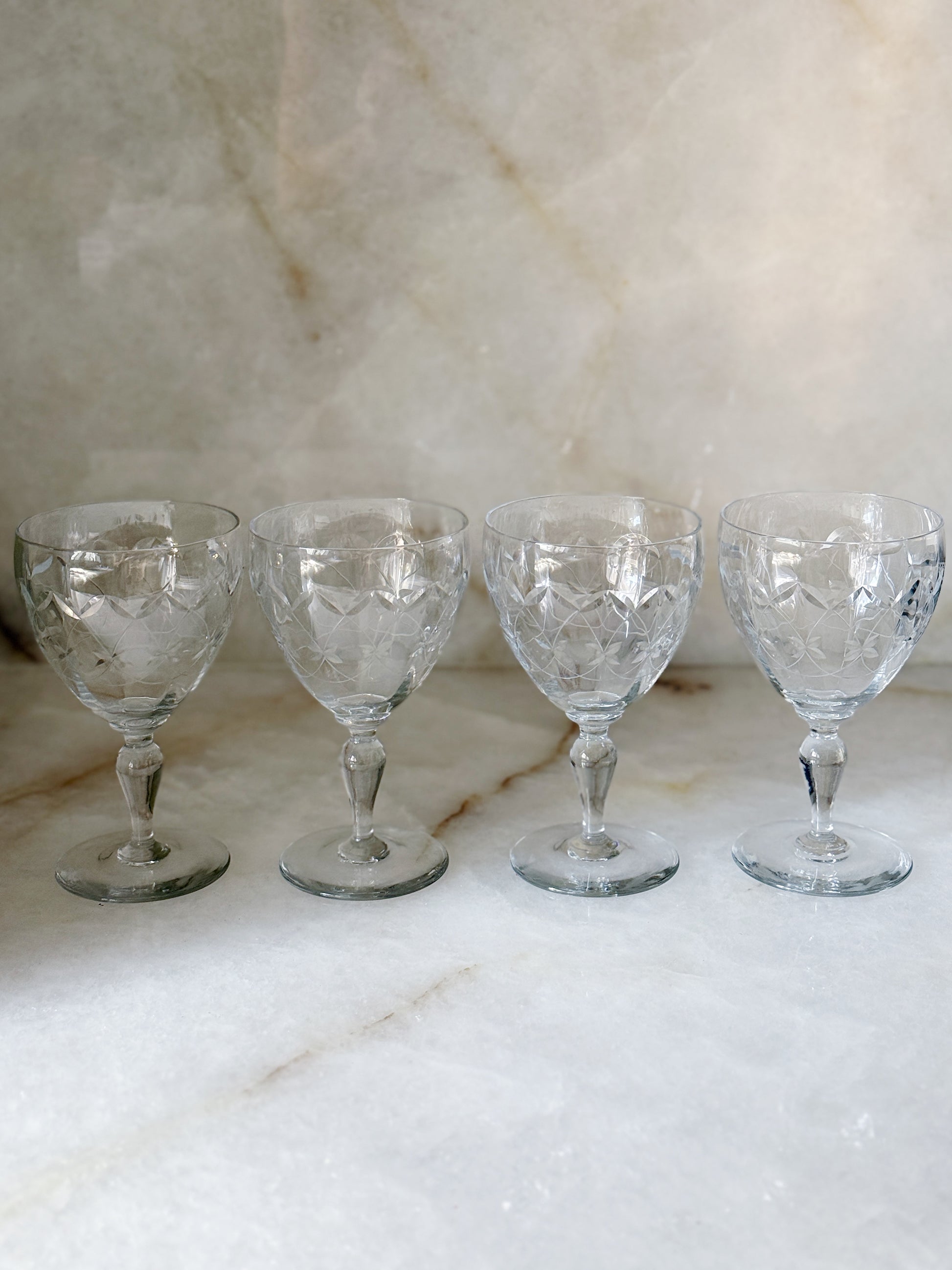 Vintage Etched Wine Goblets | Set of 4