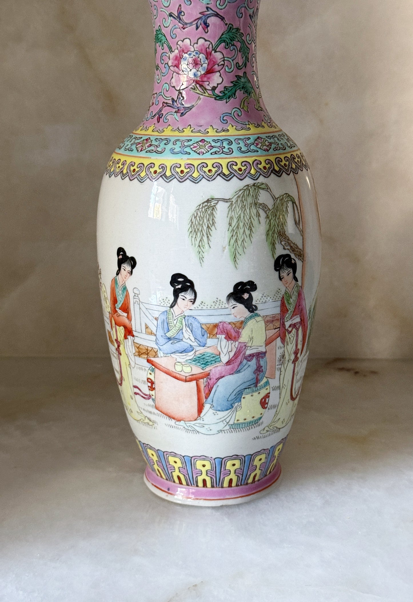 Vintage Famille Rose Style Chinese Porcelain Vase | Hand-Painted Figural Scene | 12”