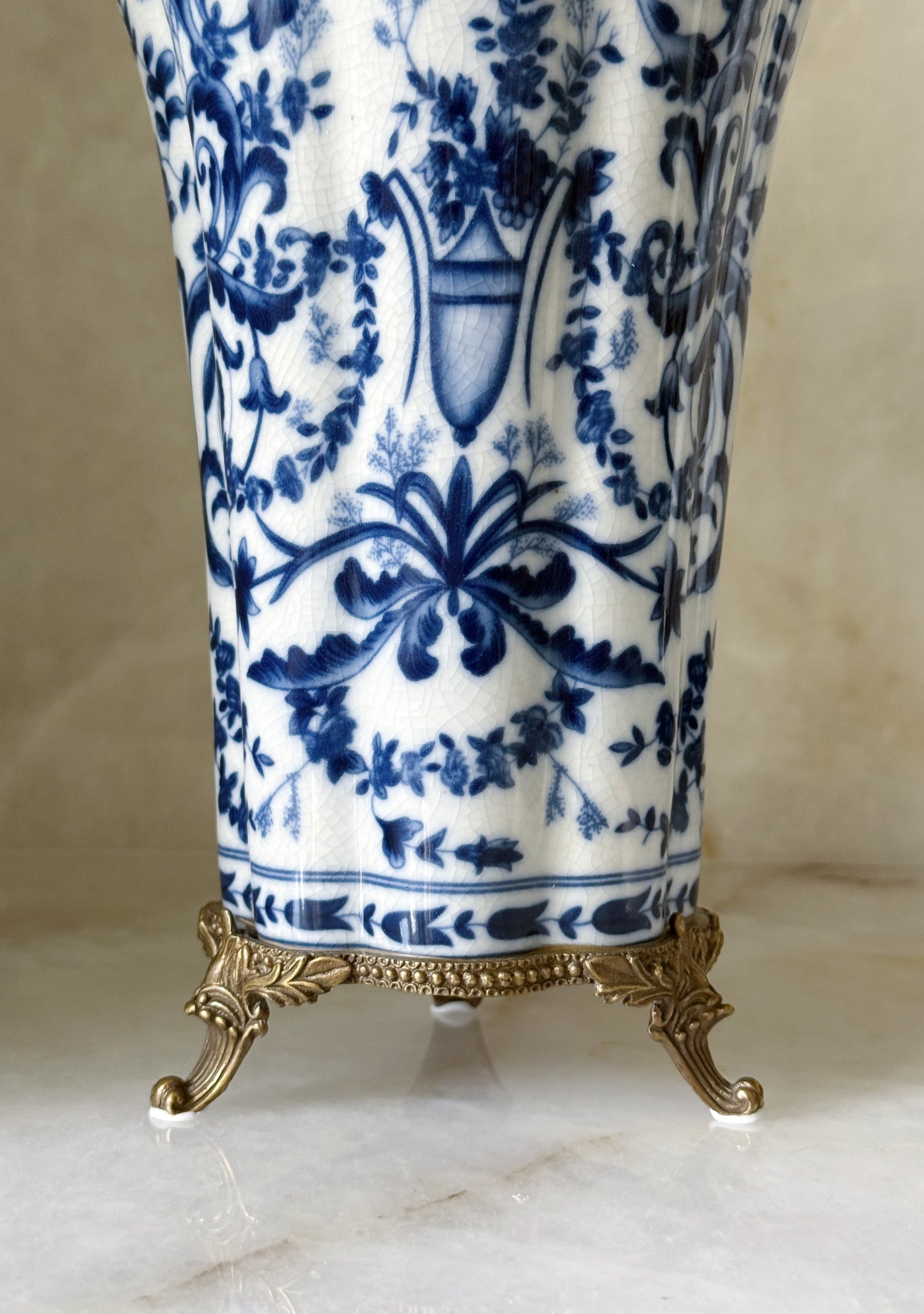 Blue & White Porcelain Vase with Bronze Ormolu Dragonfly Detail