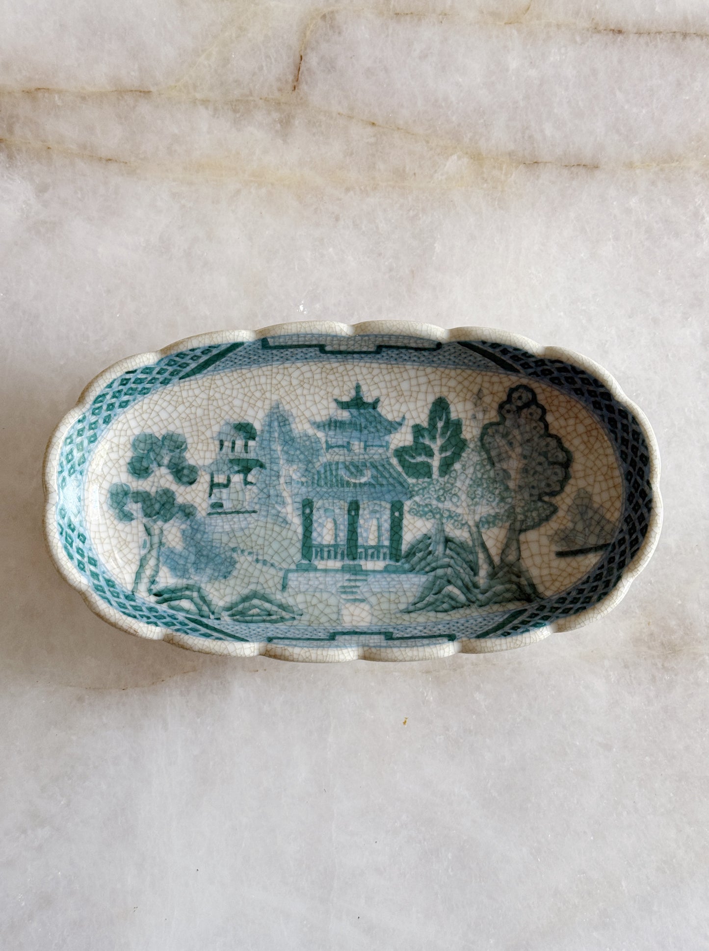 Turquoise & White Chinoiserie Oval Dish