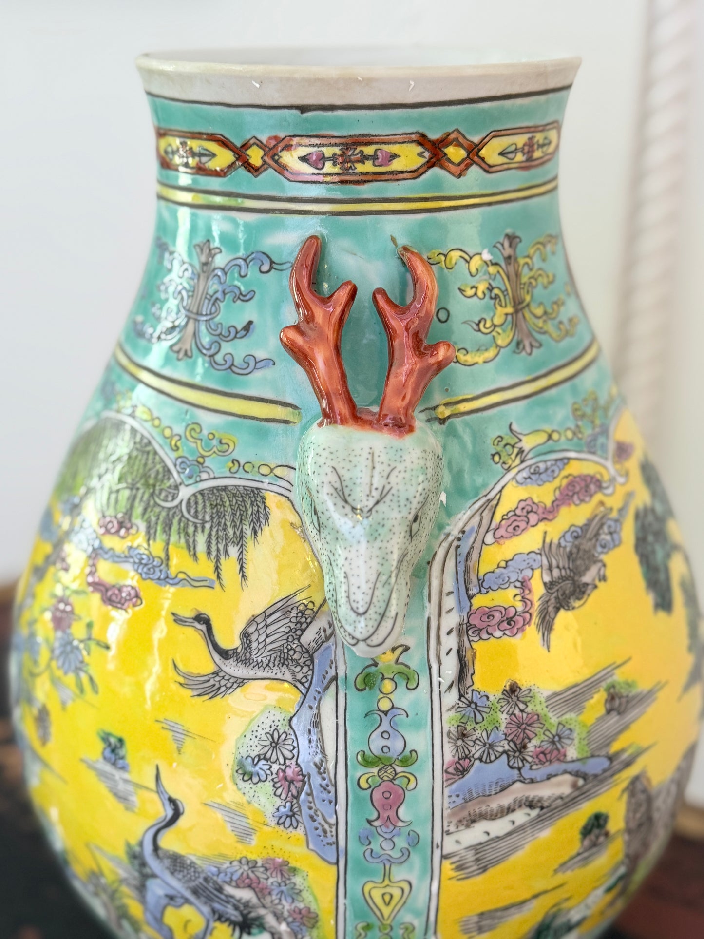 Hand Painted Crane and Tiger Porcelain Vase
