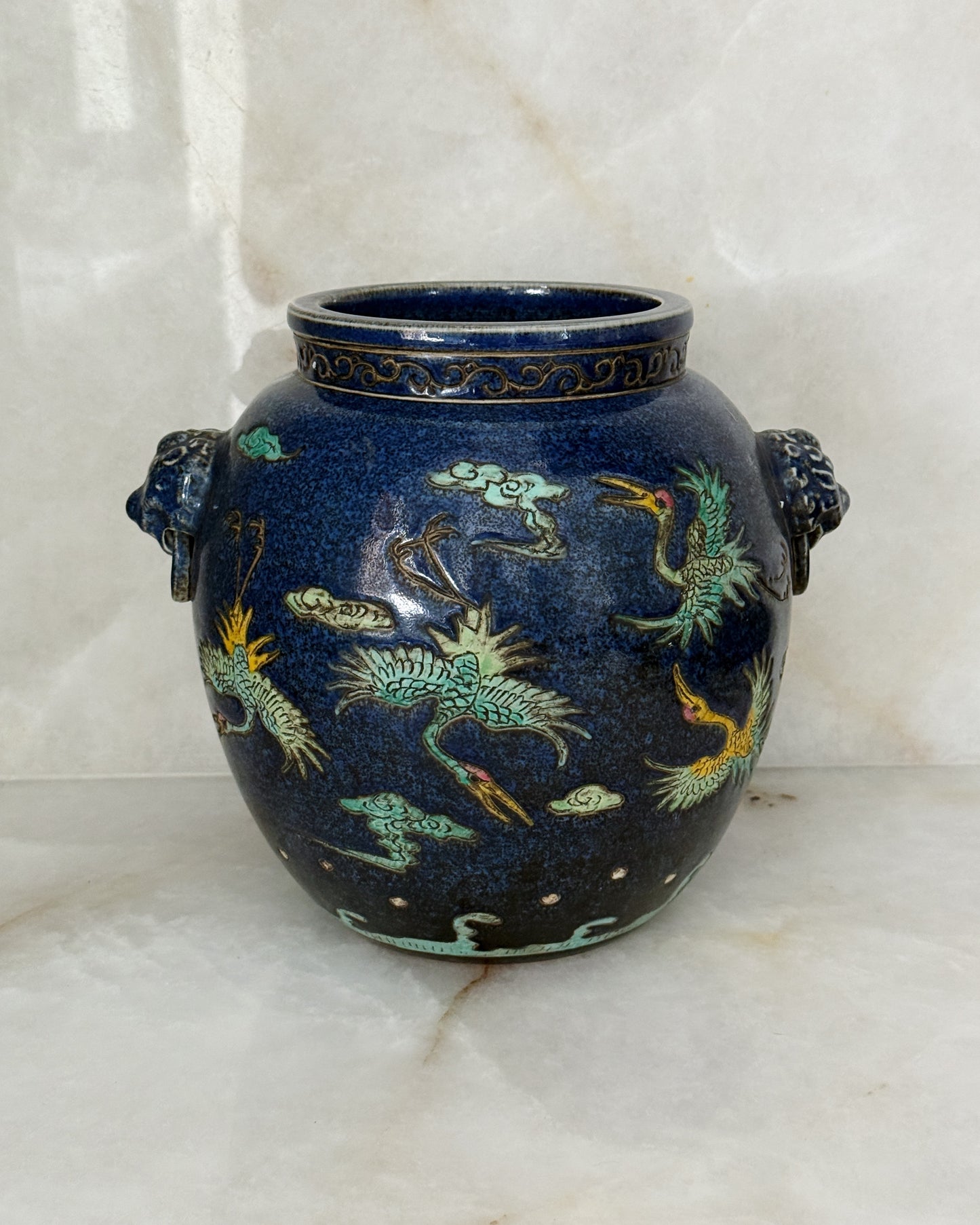 Vintage Blue Ceramic Jardiniere with Foo Dog Handles & Phoenix Design