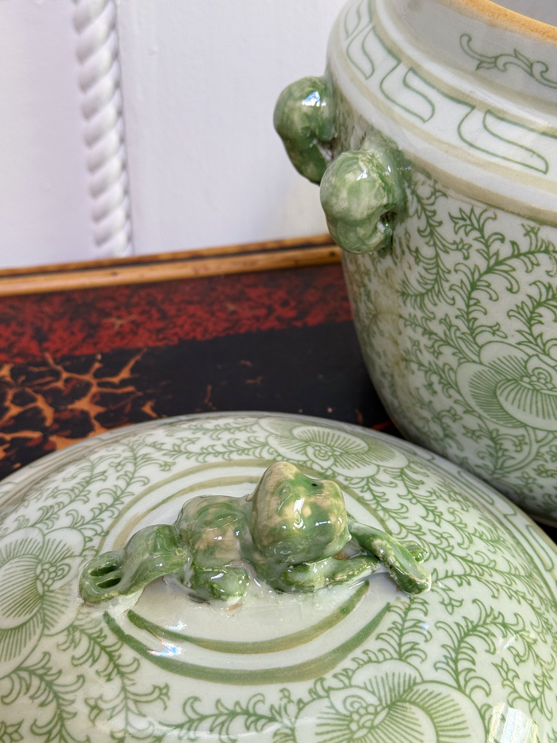 Green & White Hand Painted Serving Dish