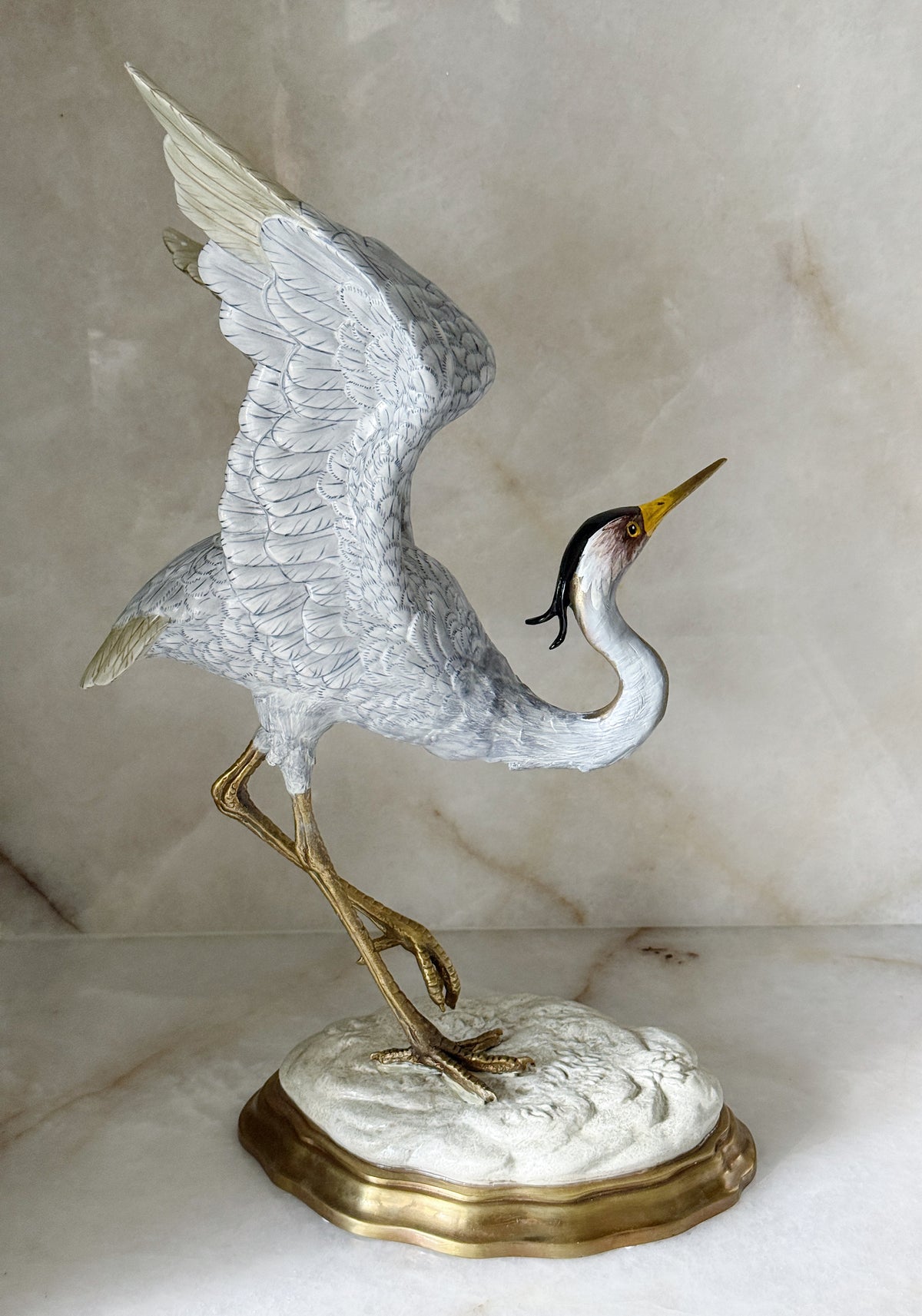 Porcelain Blue Heron in Flight with Bronze Ormolu Detailing 