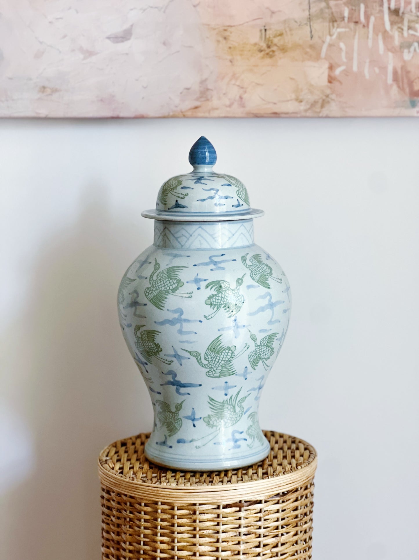 Blue and green crane ginger jar