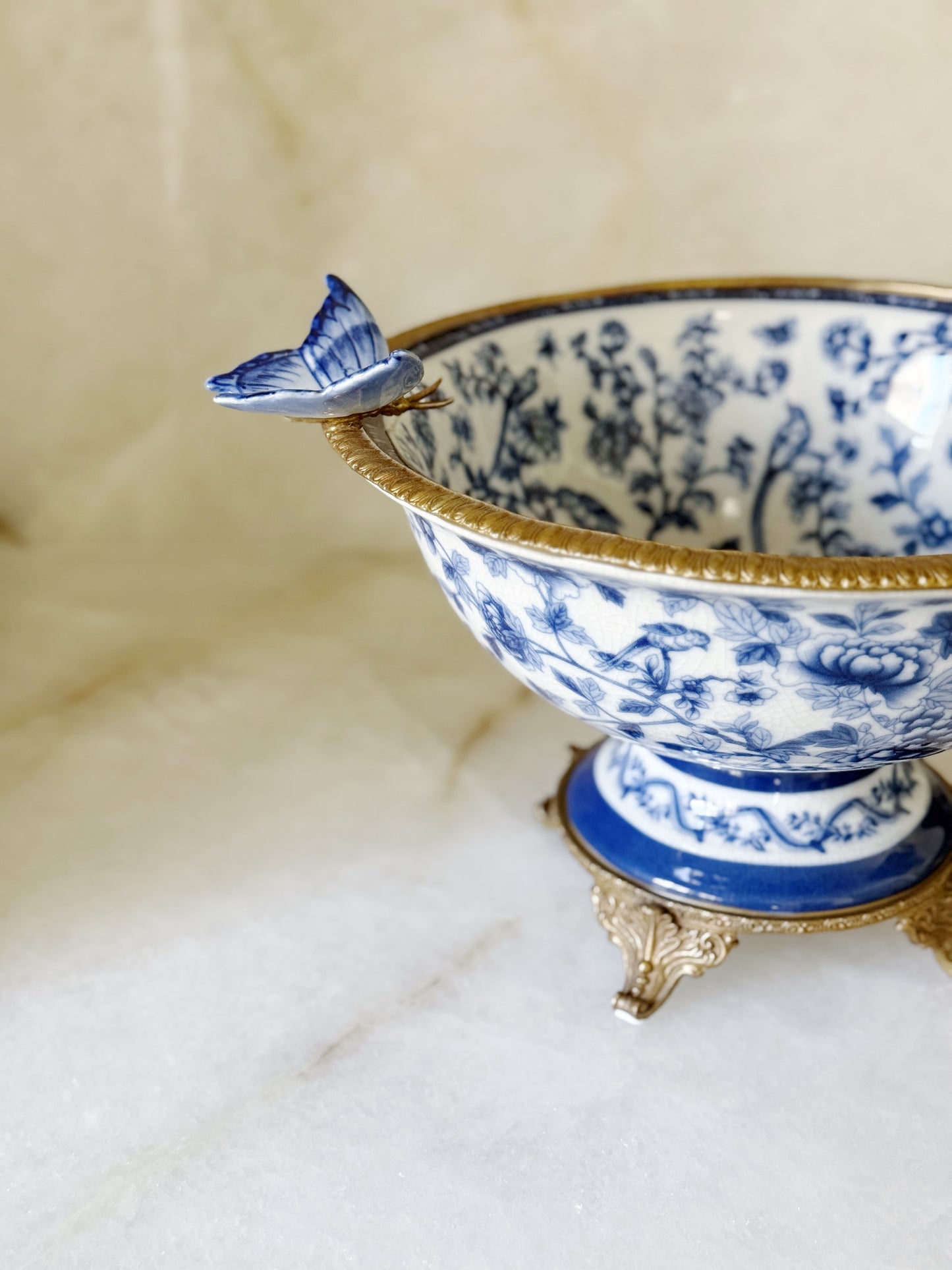 Blue & White Porcelain Footed Bowl with Ormolu Base and Butterfly Detail