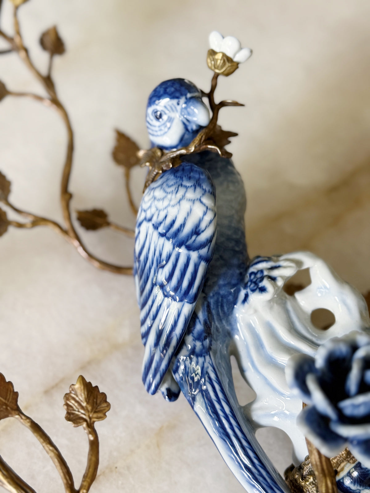 Blue & White Porcelain Bird Wall Sconces with Gilt Branches – Pair