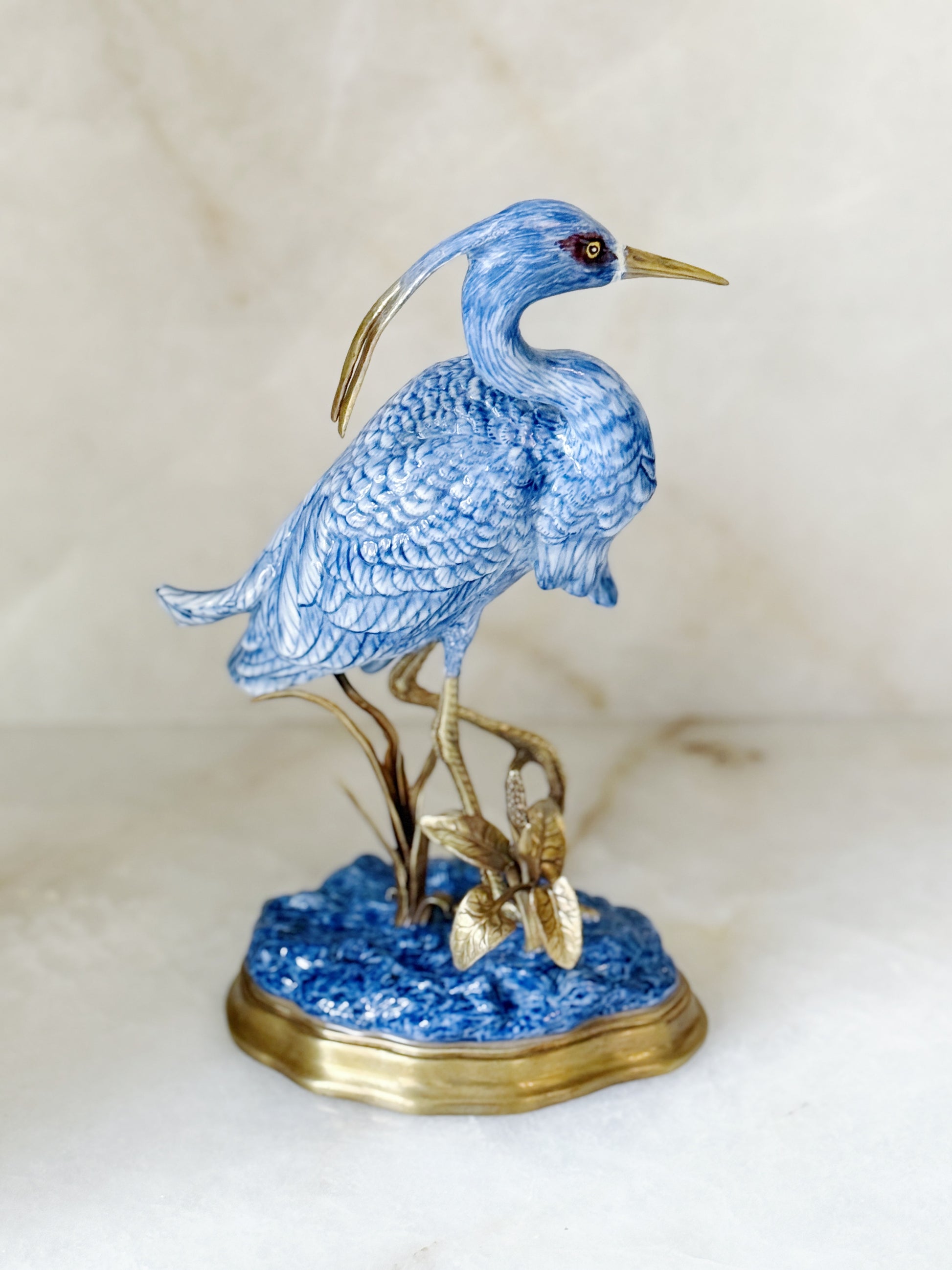 Hand Painted Blue & White Heron Figurine with Bronze Ormolu