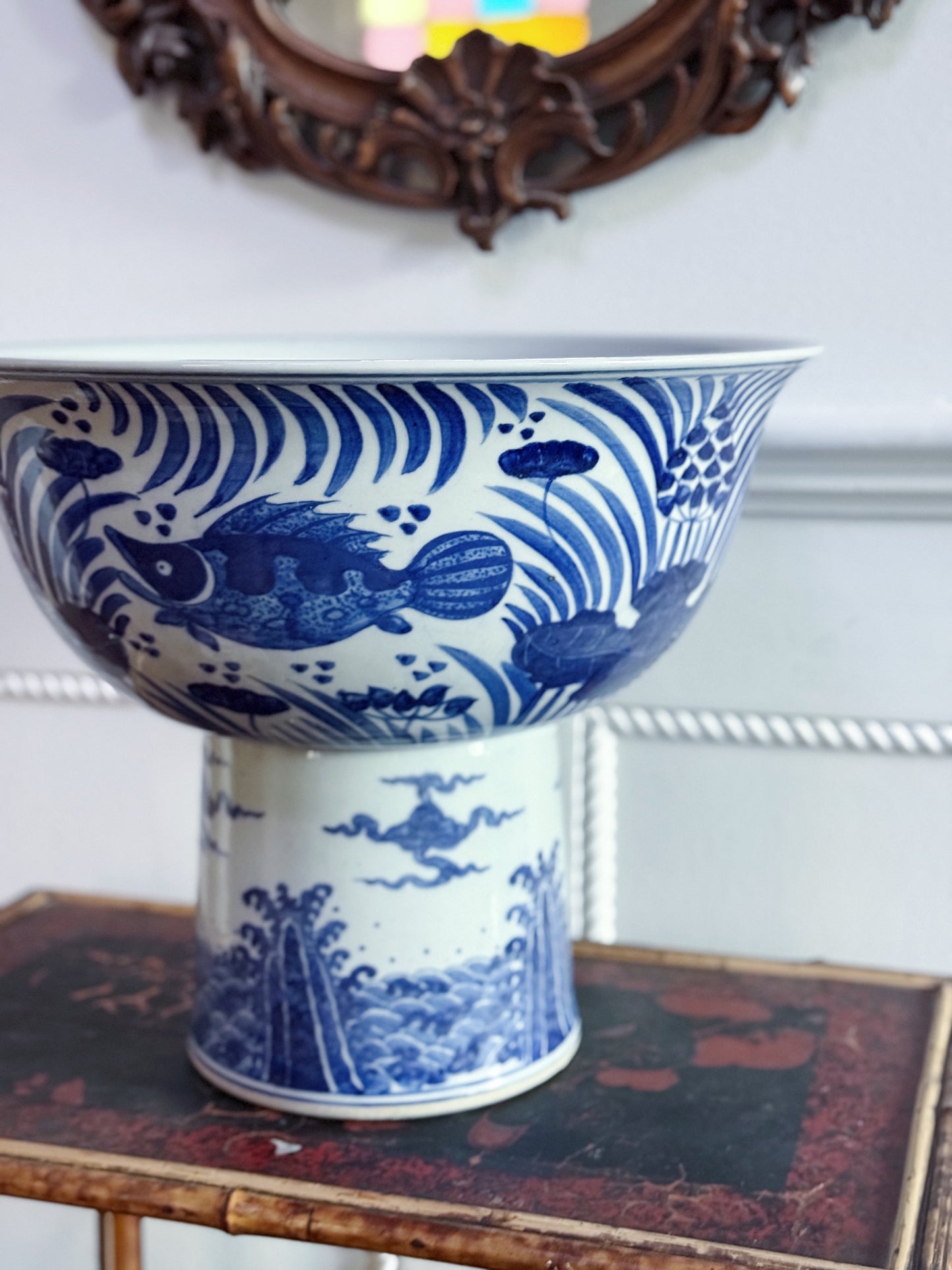 Blue & White Large Hand-Painted Lotus Pedestal Bowl 