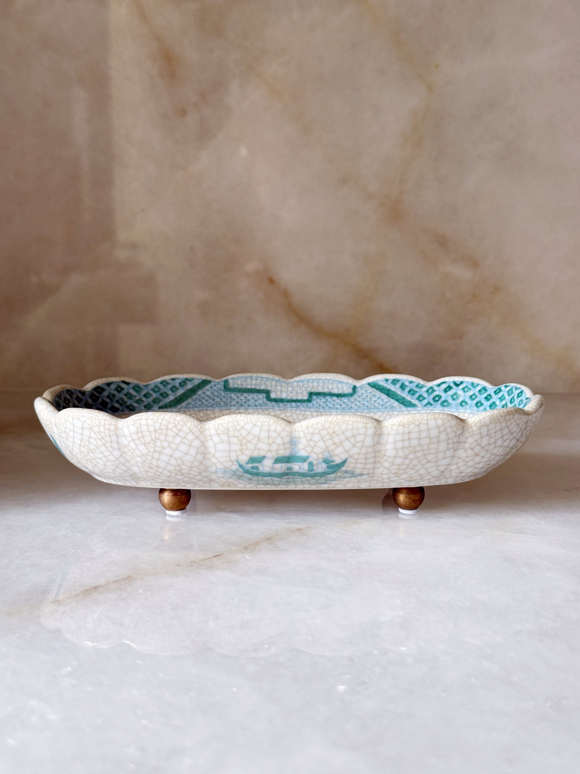 Turquoise & White Chinoiserie Oval Dish