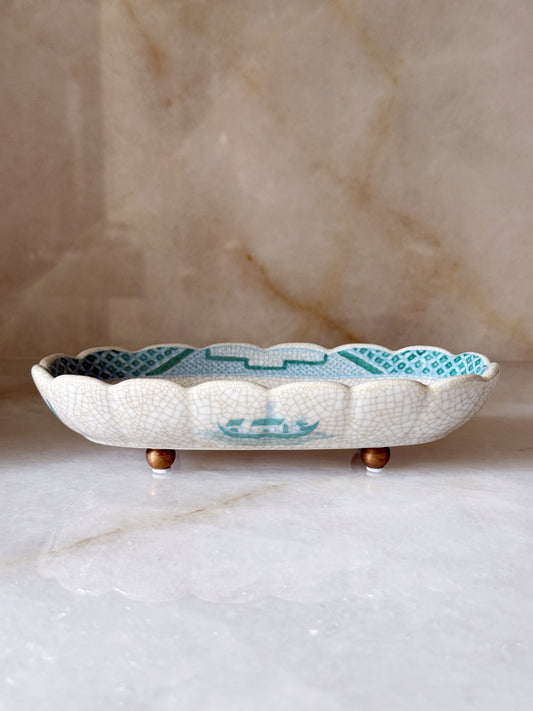 Turquoise & White Chinoiserie Oval Dish