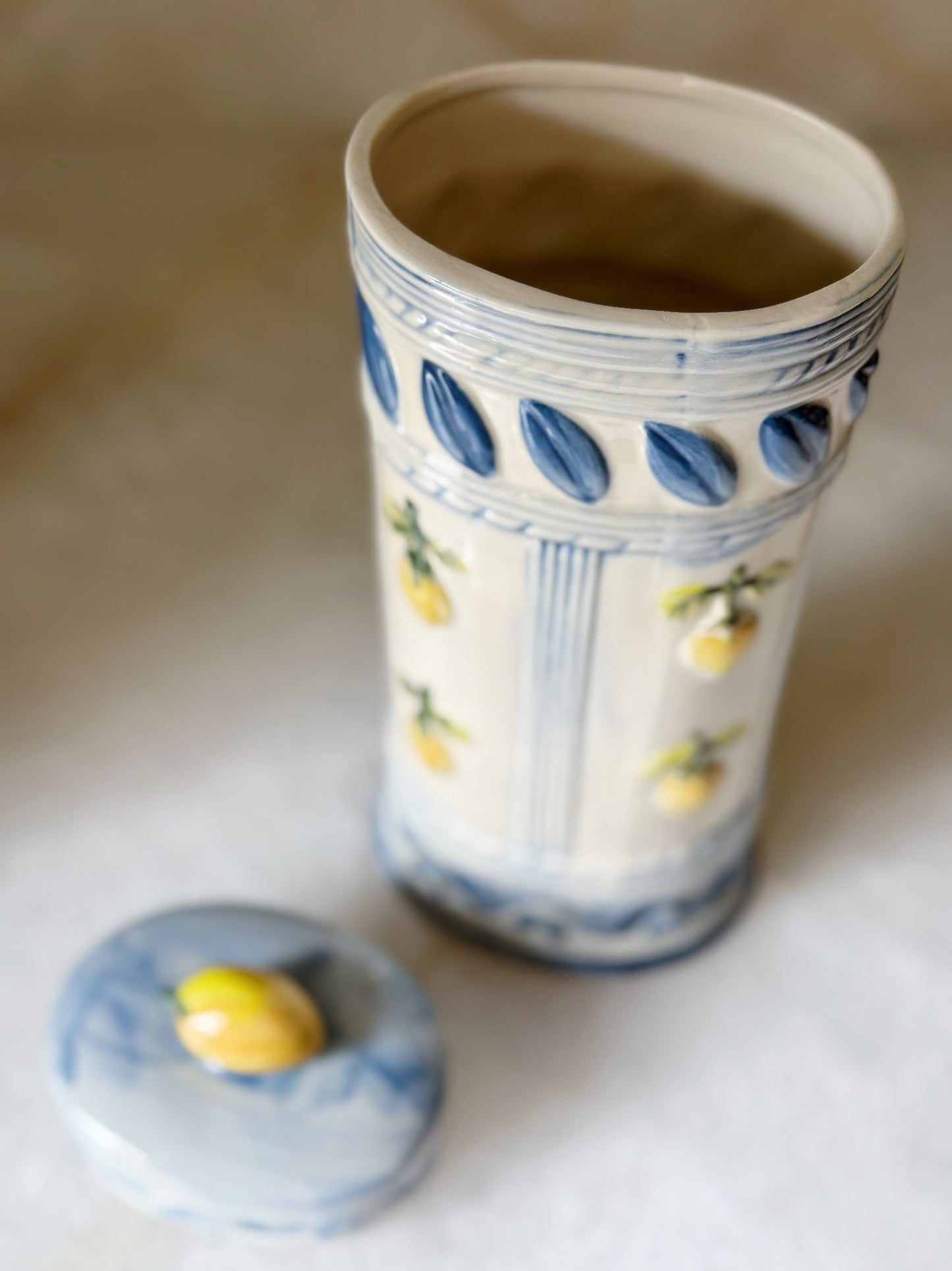 Vintage Hand Painted Blue & White Canister with Lemons