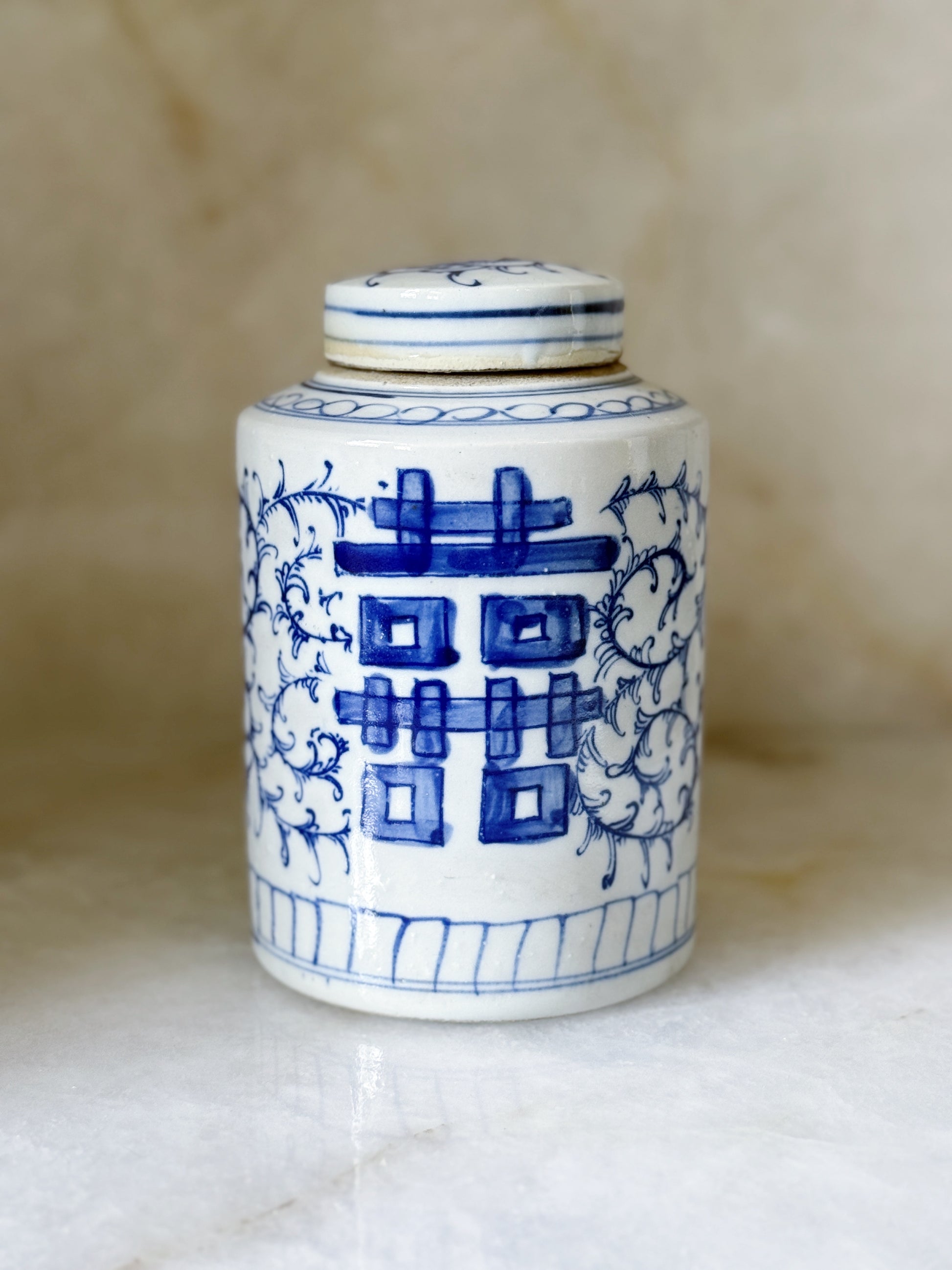 Blue & White Tea Caddy with Double Happiness Design