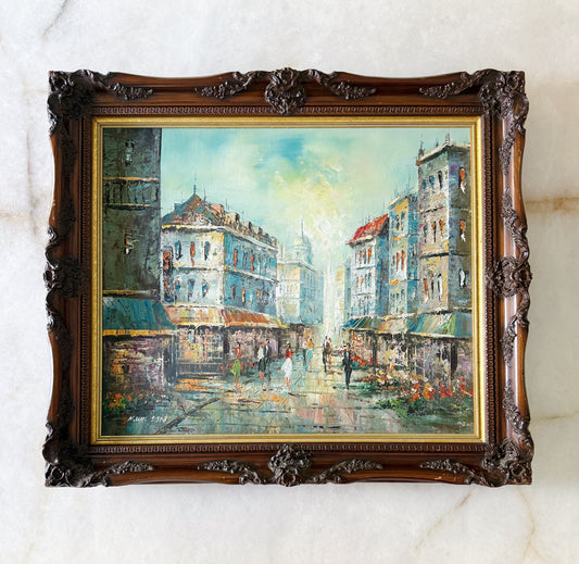 Vintage Framed European Street Scene Oil Painting