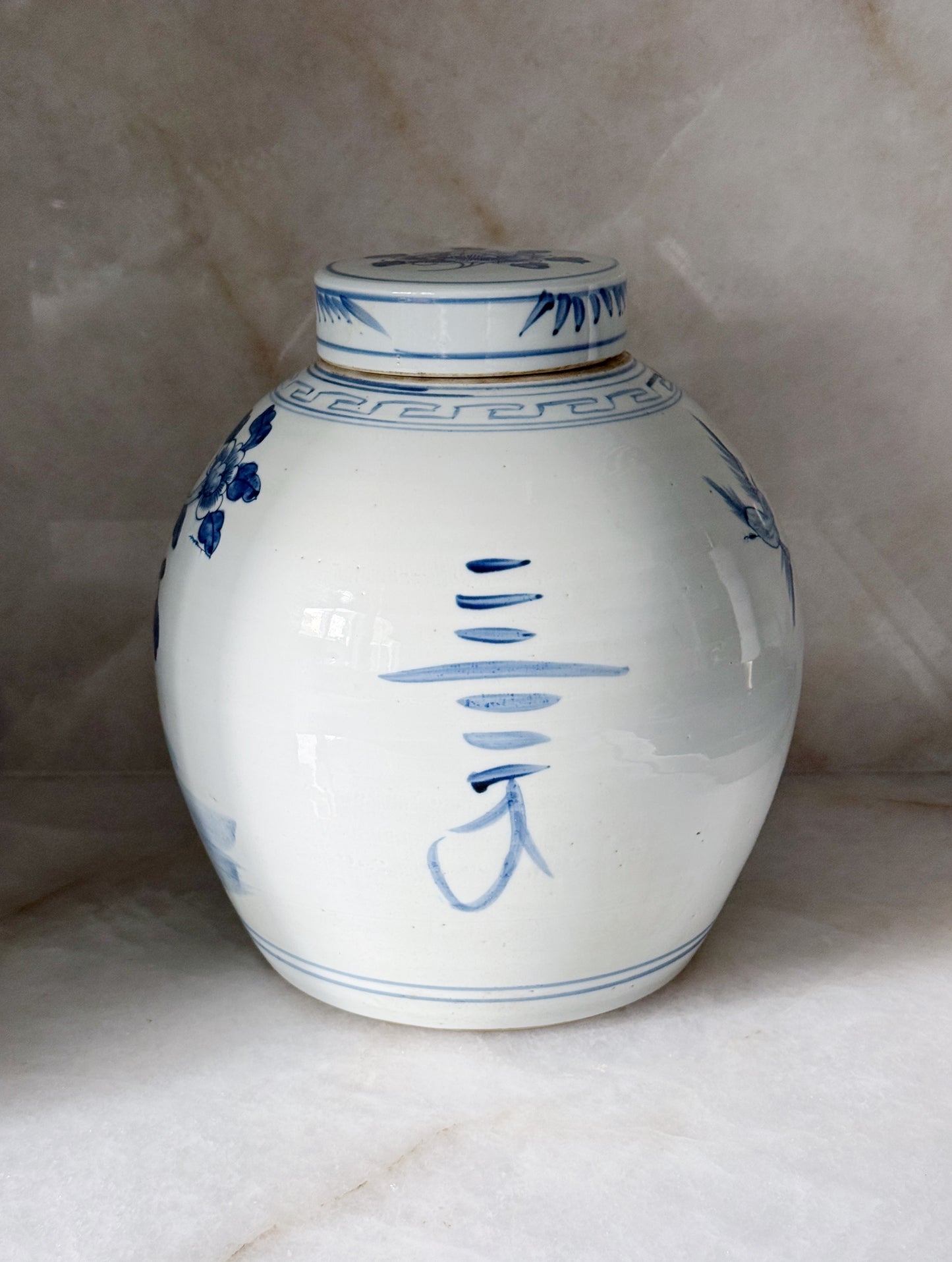 Blue & White Porcelain Bird & Floral Ginger Jar